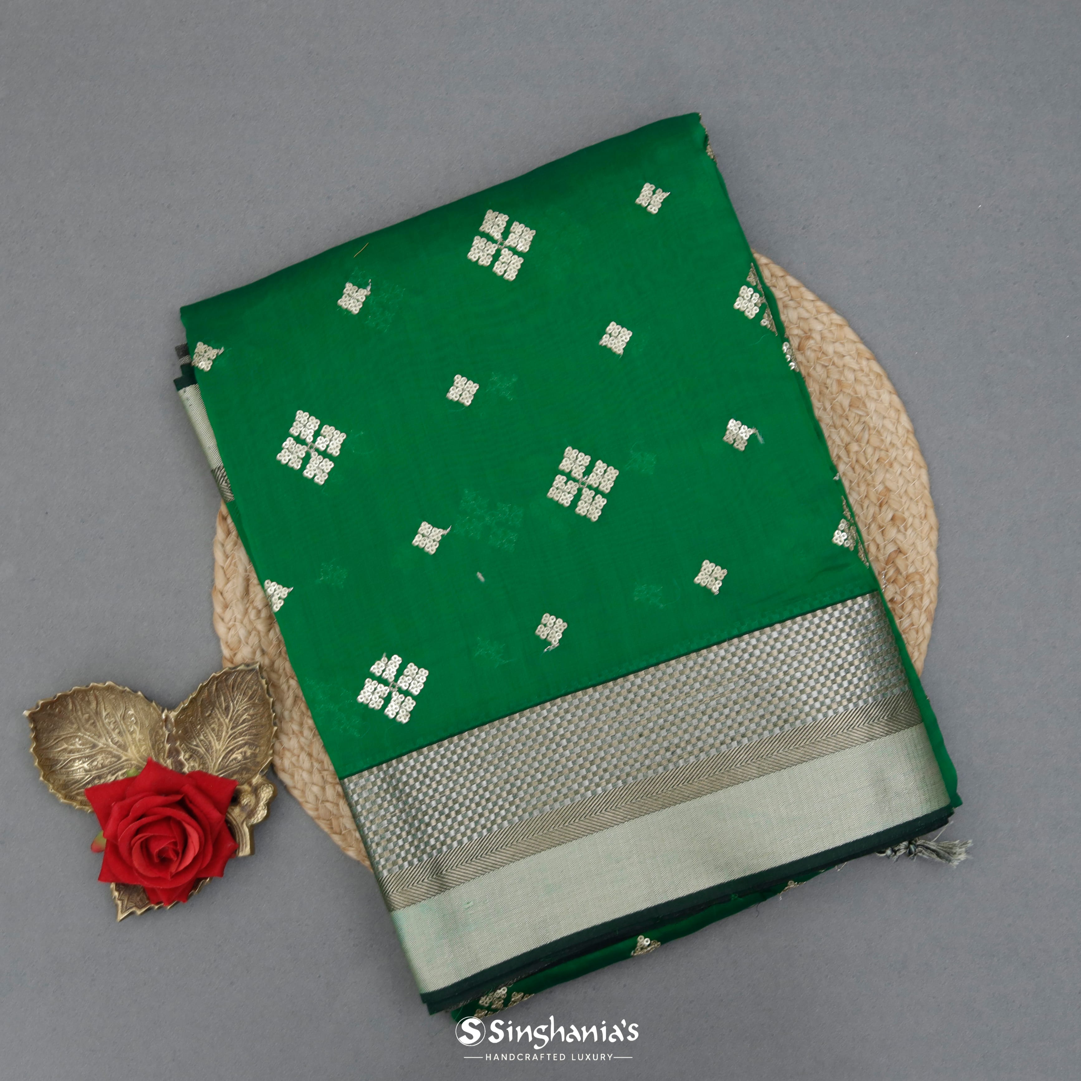 Hunter Green Chanderi Embroidery Silk Saree With Geometrical Pattern