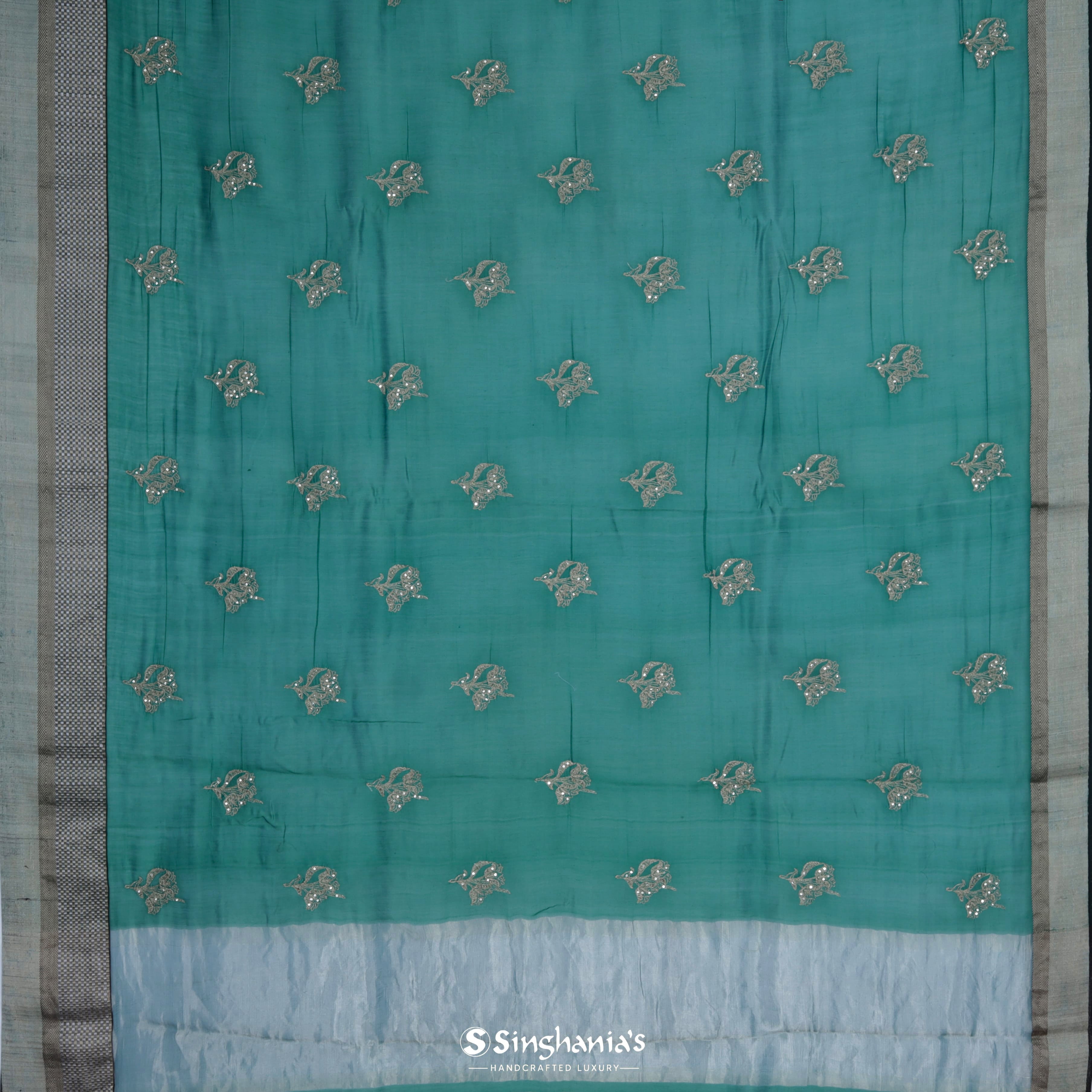 Myrtle Green Chanderi Embroidery Silk Saree With Floral Motif Pattern