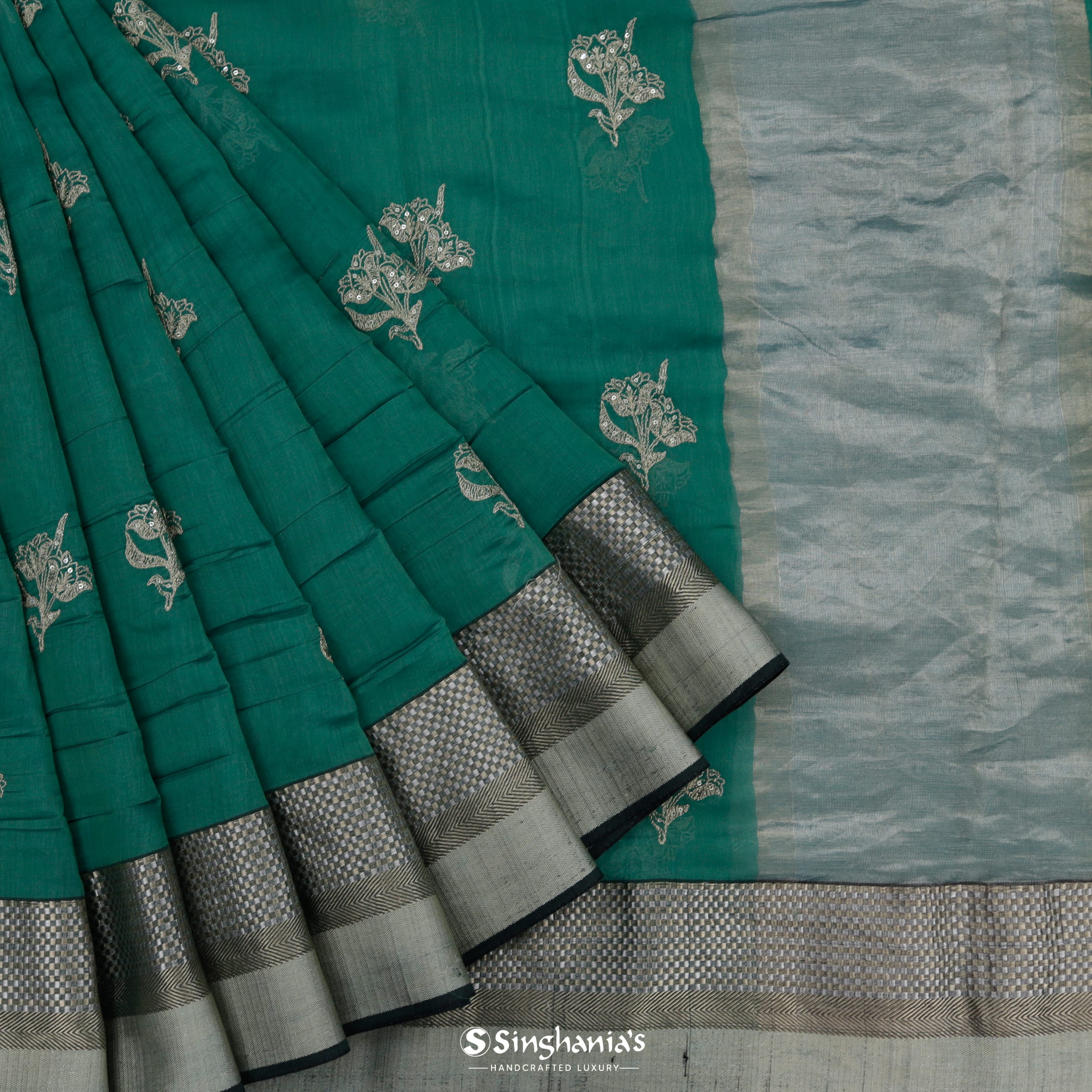 Myrtle Green Chanderi Embroidery Silk Saree With Floral Motif Pattern