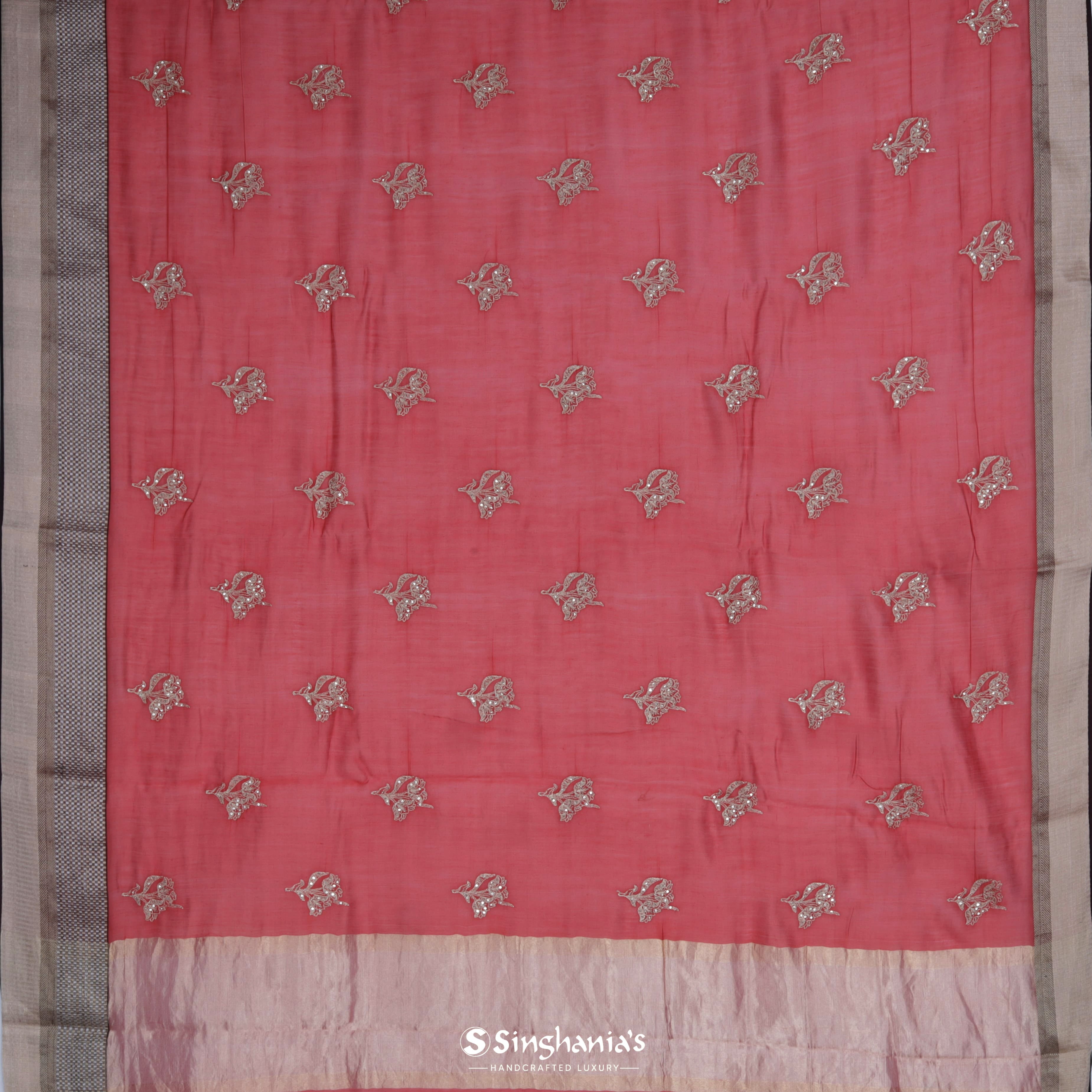 Persian Red Chanderi Embroidery Silk Saree With Floral Motif Pattern