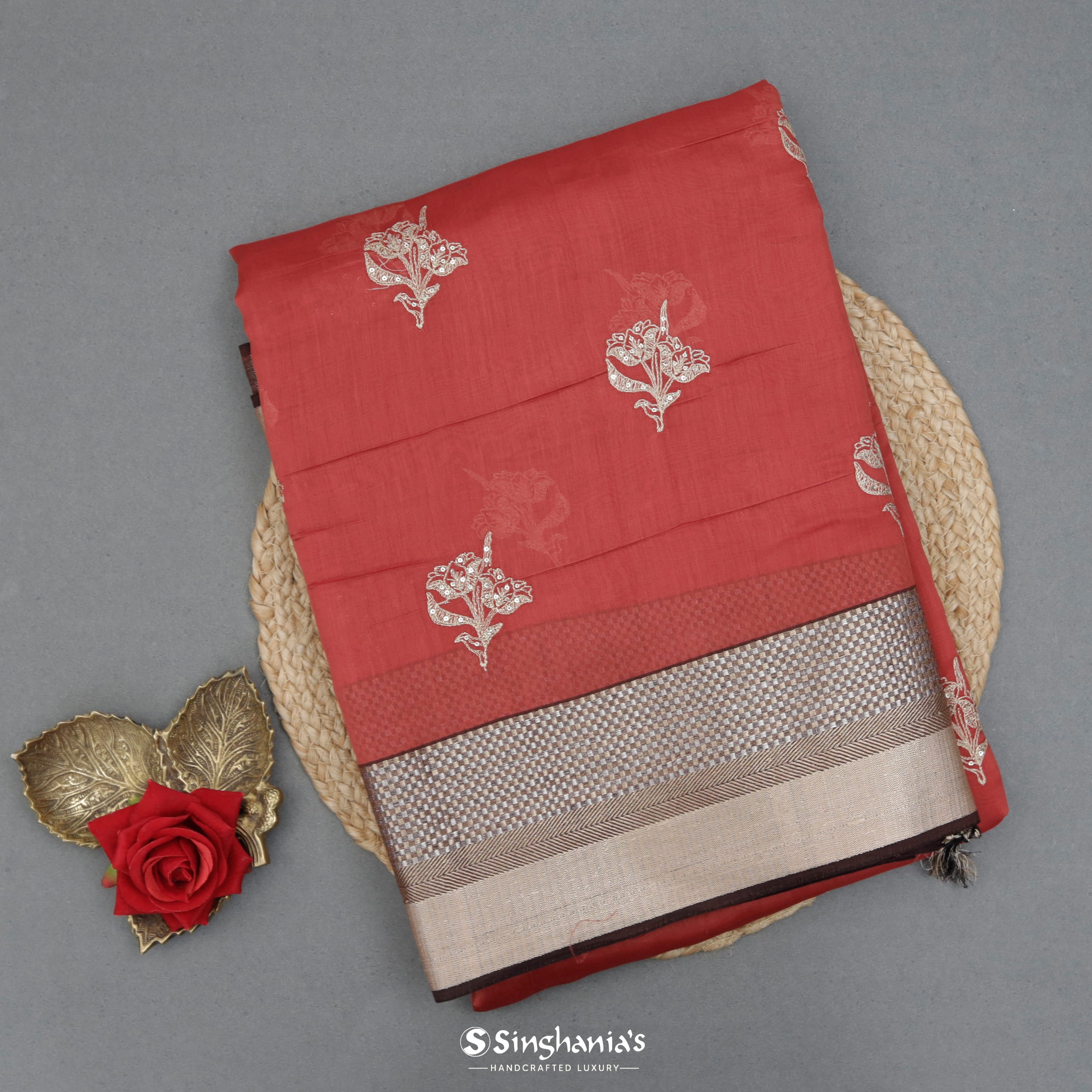 Persian Red Chanderi Embroidery Silk Saree With Floral Motif Pattern