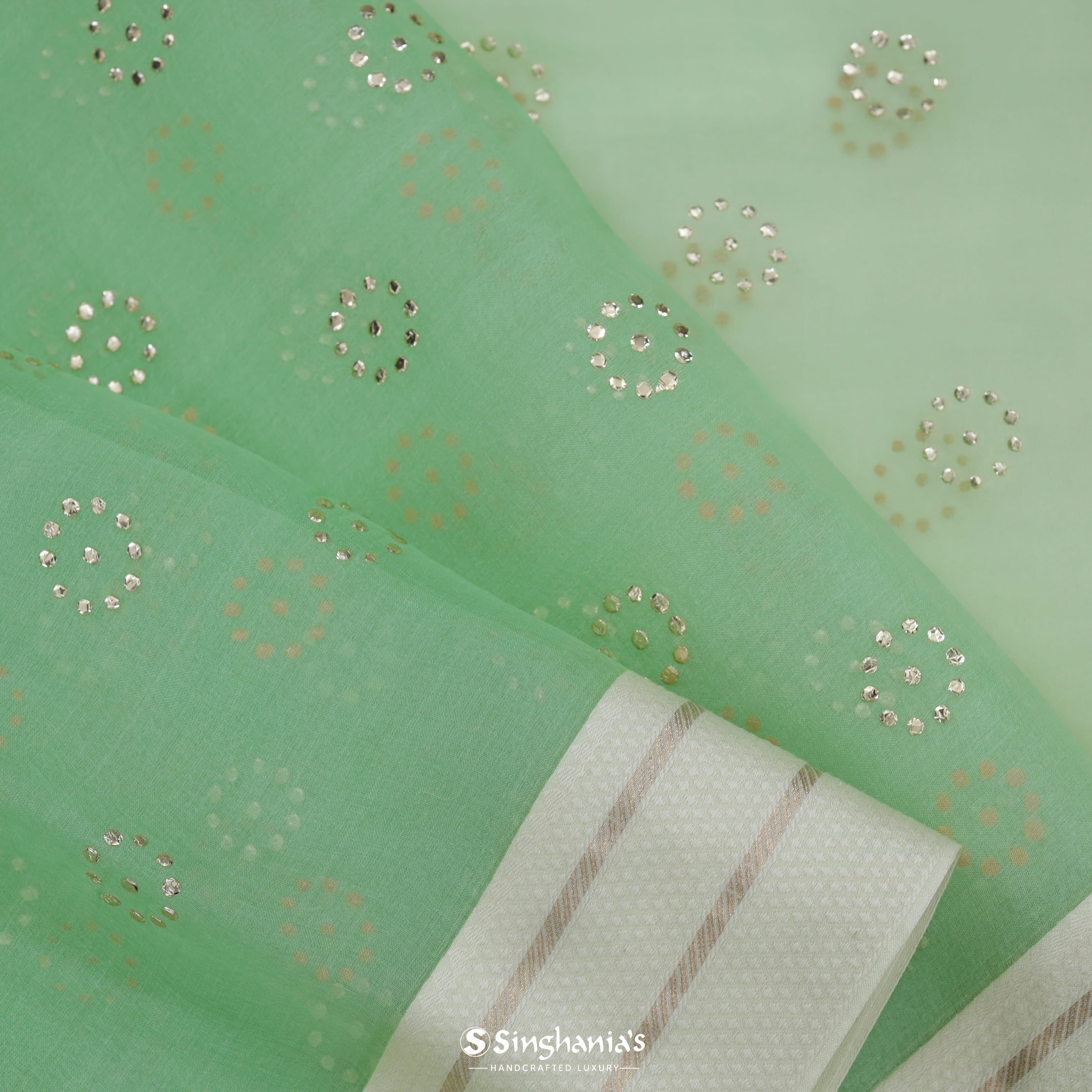Mint Green Organza Embroidery Saree With Foil Print