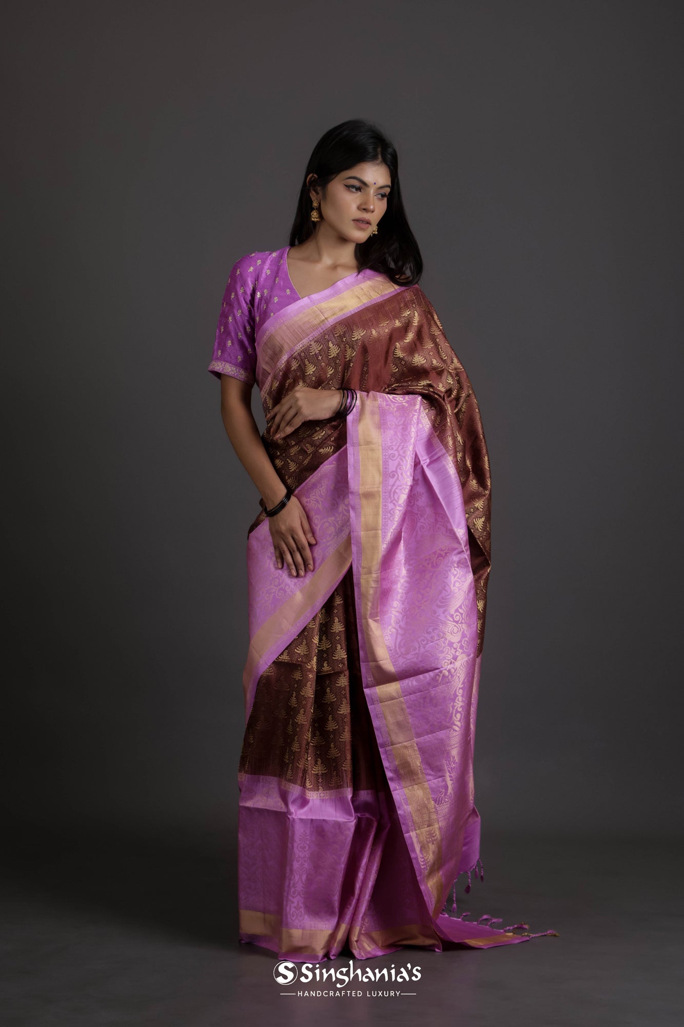 Brown Soft Silk Saree With Floral Buttis