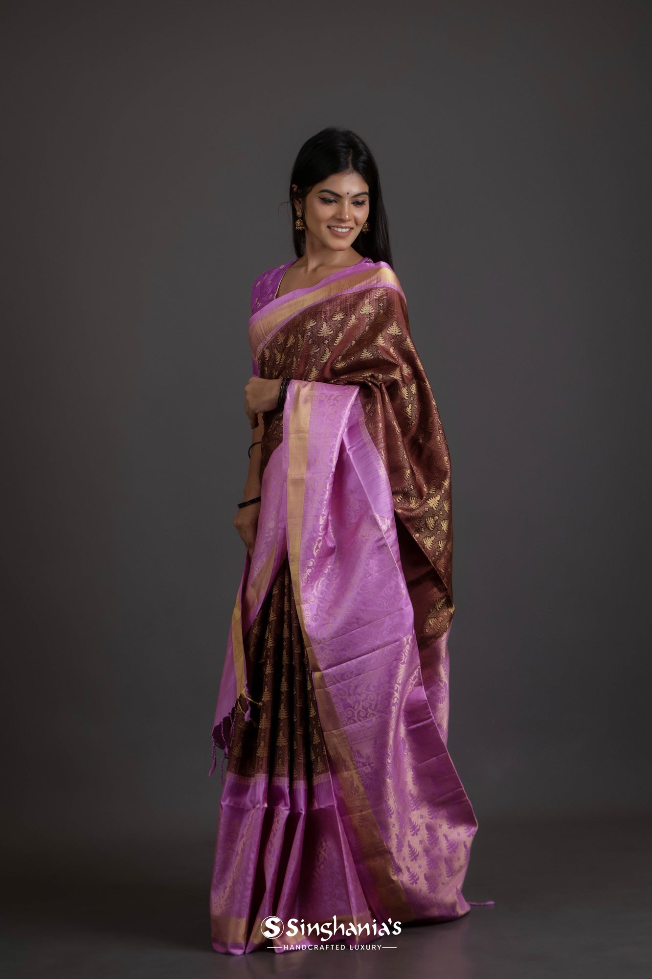 Brown Soft Silk Saree With Floral Buttis