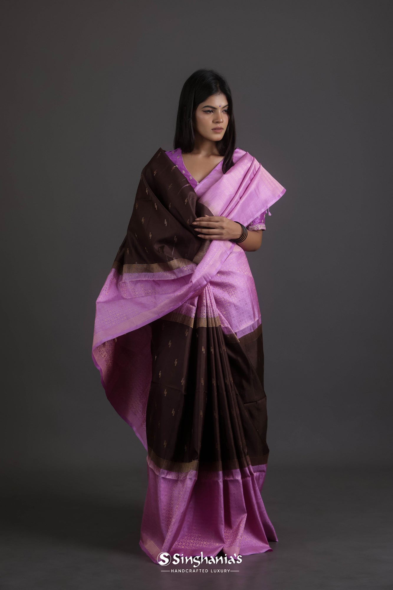 Brown Soft Silk Saree With Floral Buttis