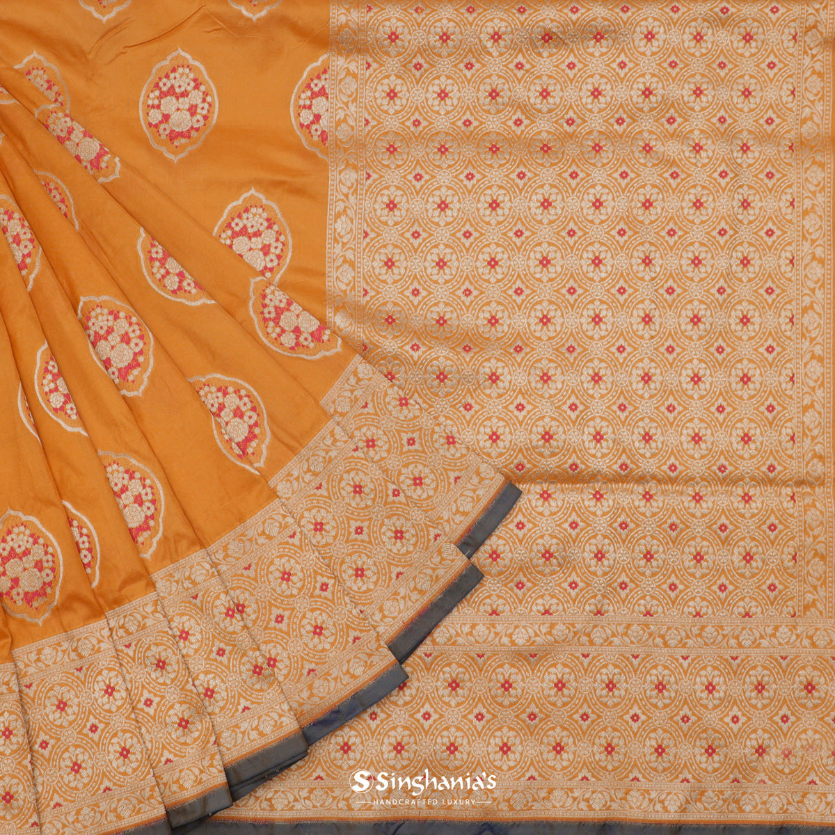 Signal Yellow Banarasi Silk Saree With Floral Motif Weaving