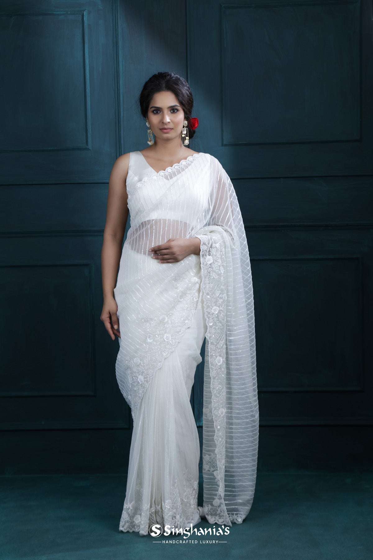 Vista White Designer Organza Saree