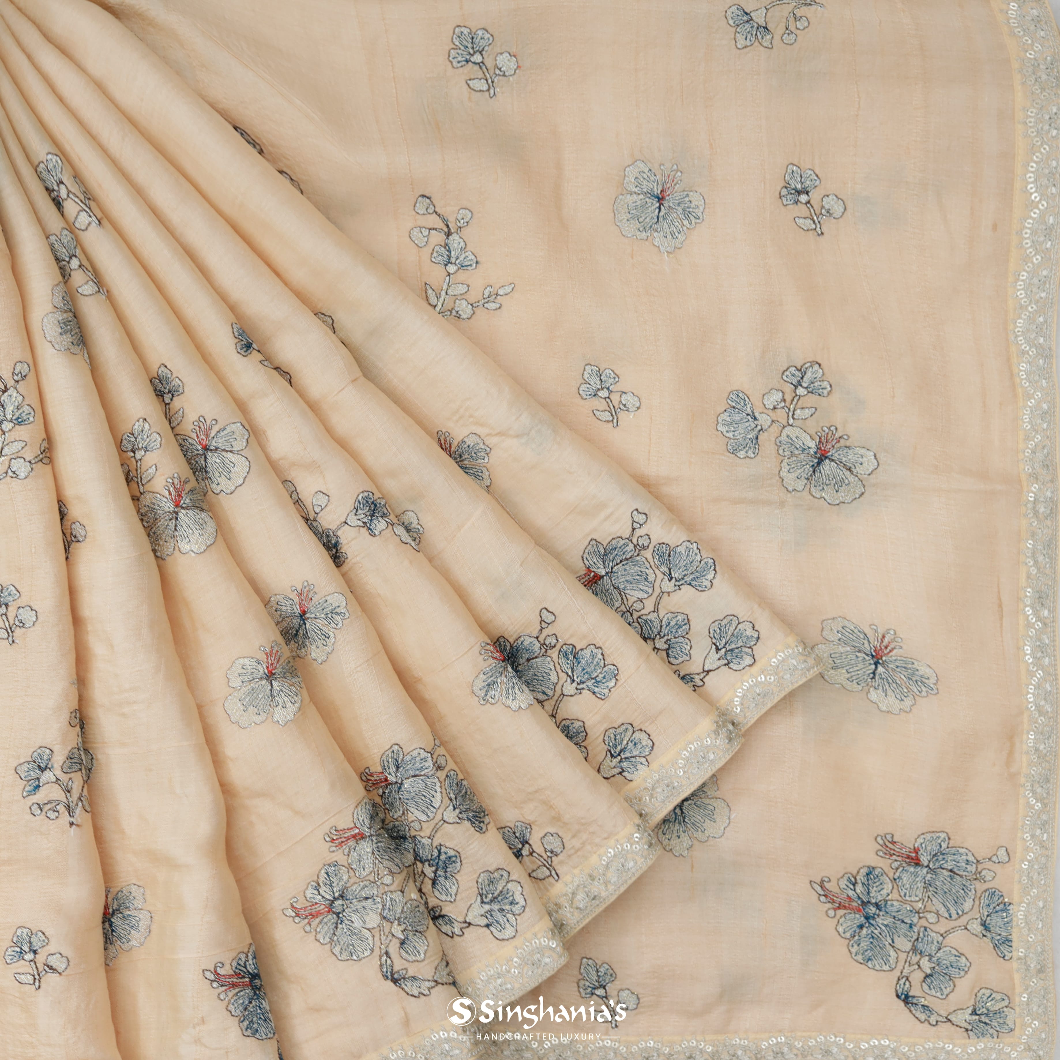 Bisque Brown Tussar Embroidery Silk Saree With Floral Embroidery Motifs