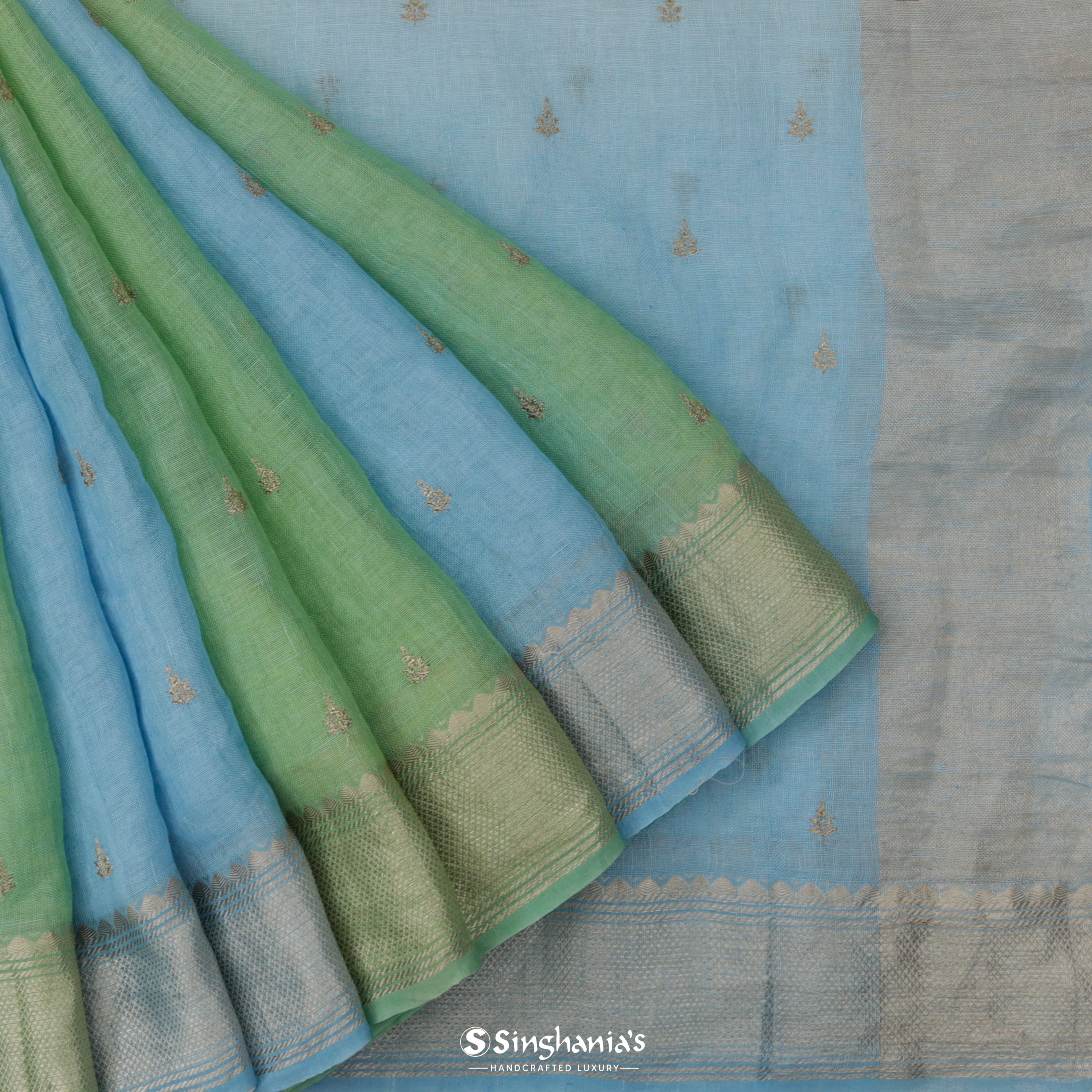 Dual Shade Blue And Green Linen Embroidery Saree With Tiny Floral Buttis