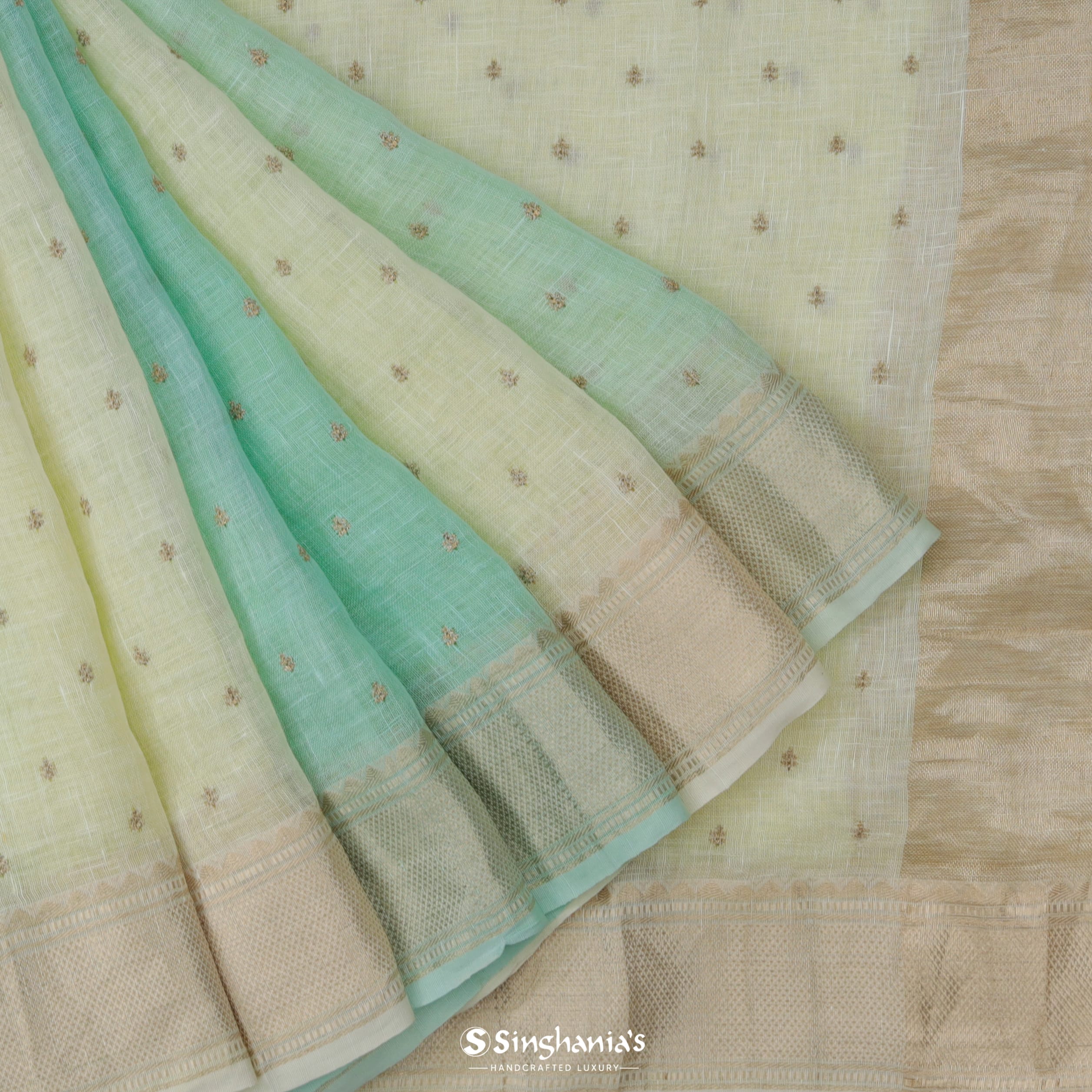 Dual Shade Pale Yellow And Green Linen Embroidery Saree With Tiny Buttis