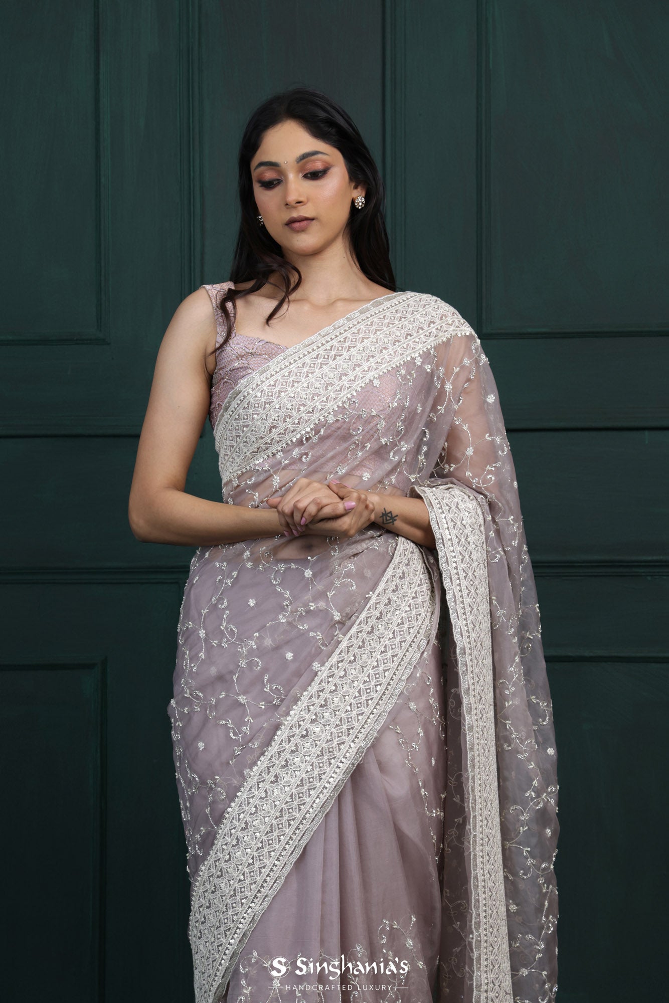 Sovereign Purple Organza Saree With Hand Embroidery