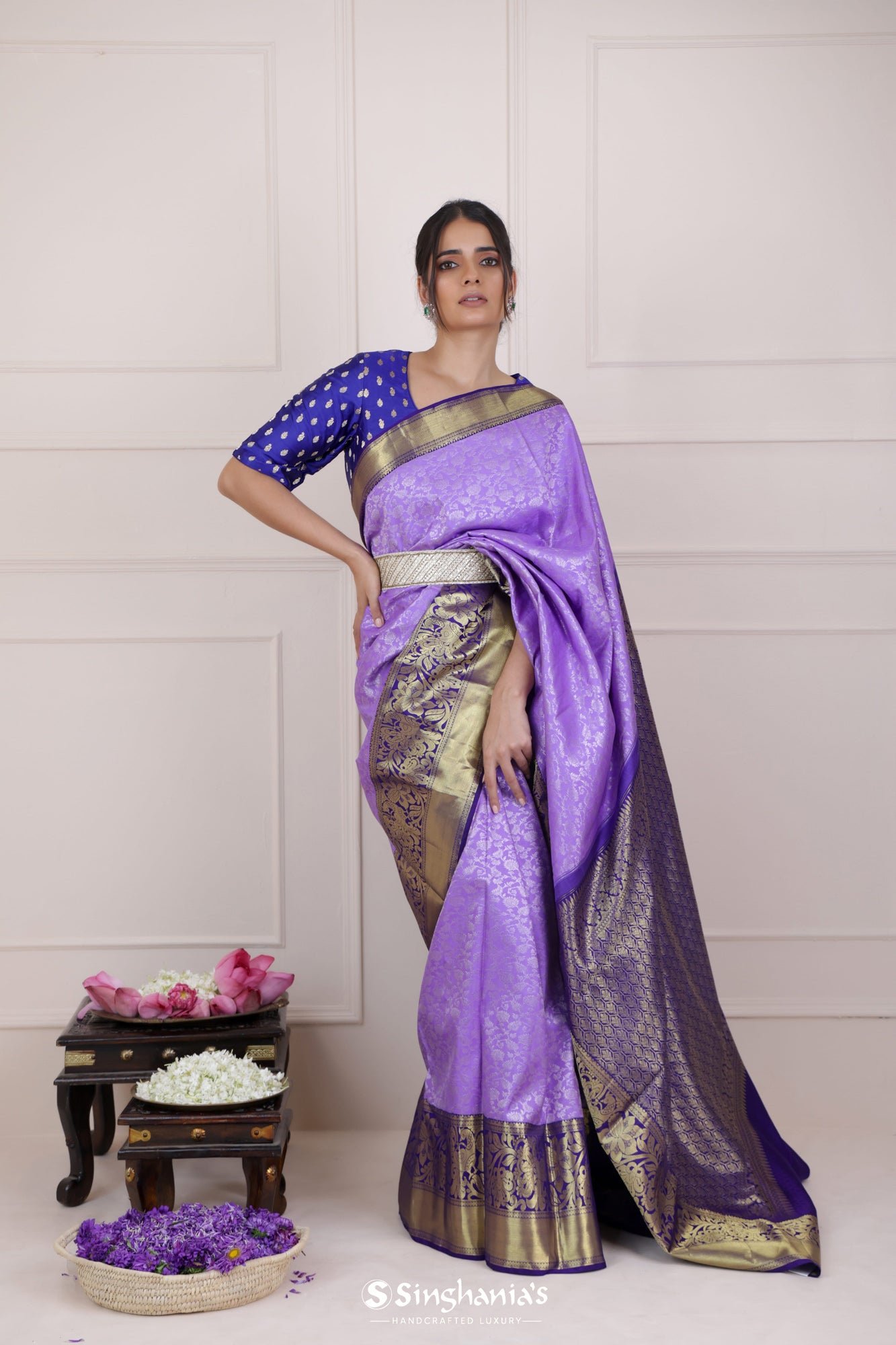 Medium Purple Kanjivaram Silk Saree With Floral Jaal Weaving