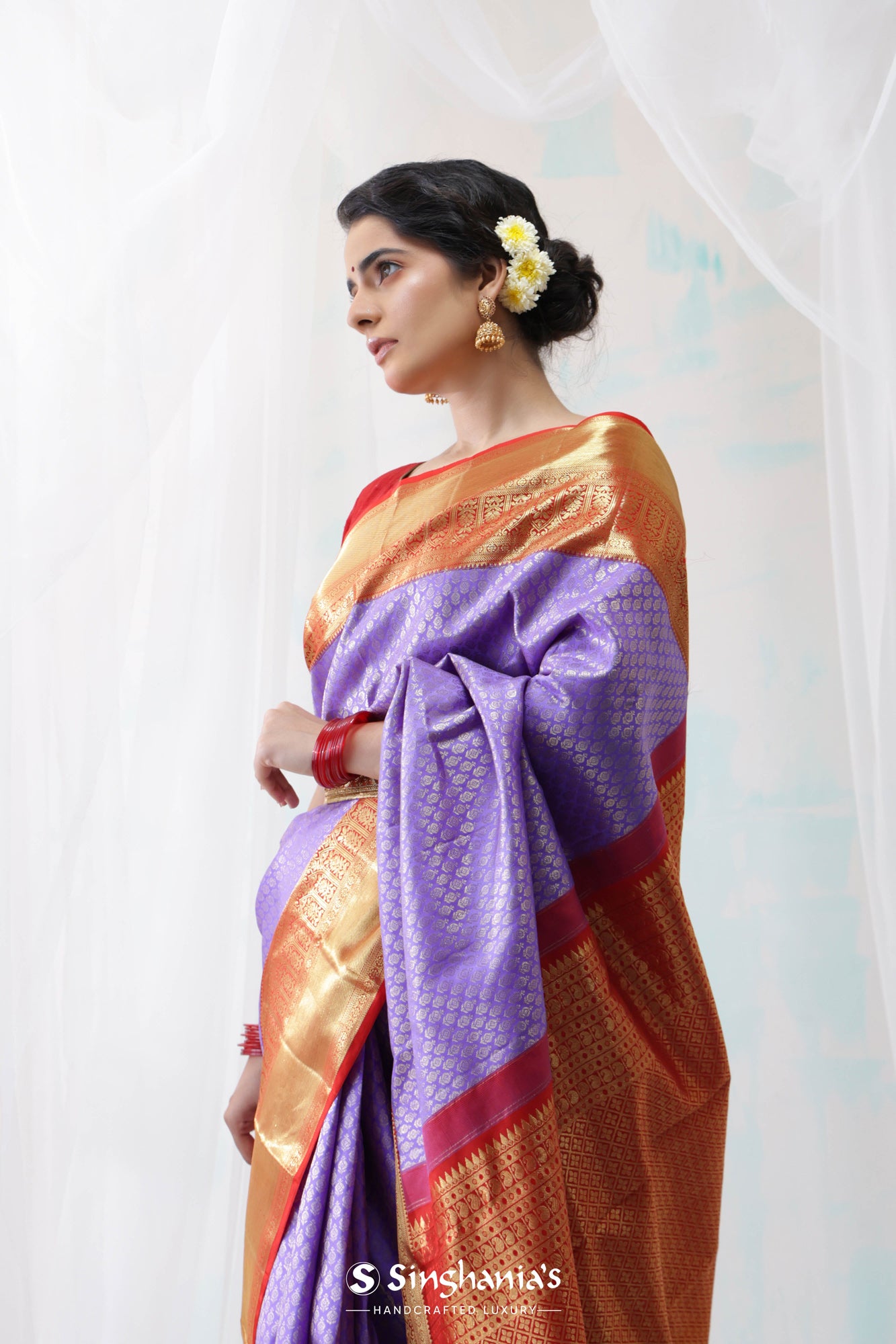 Medium Purple Kanjivaram Silk Saree With Floral Buttis Weaving