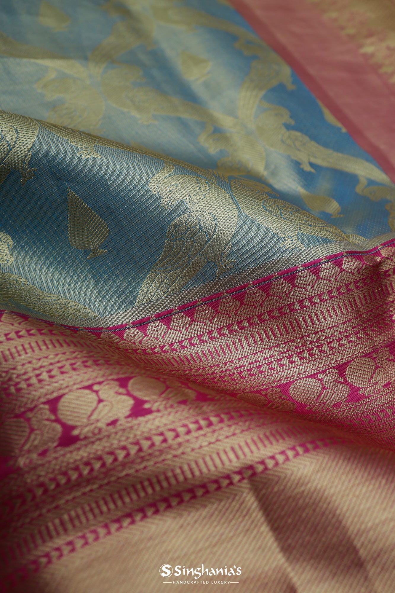 Steel Blue Dual Tone Kanjivaram Silk Saree With Peacock Weaving