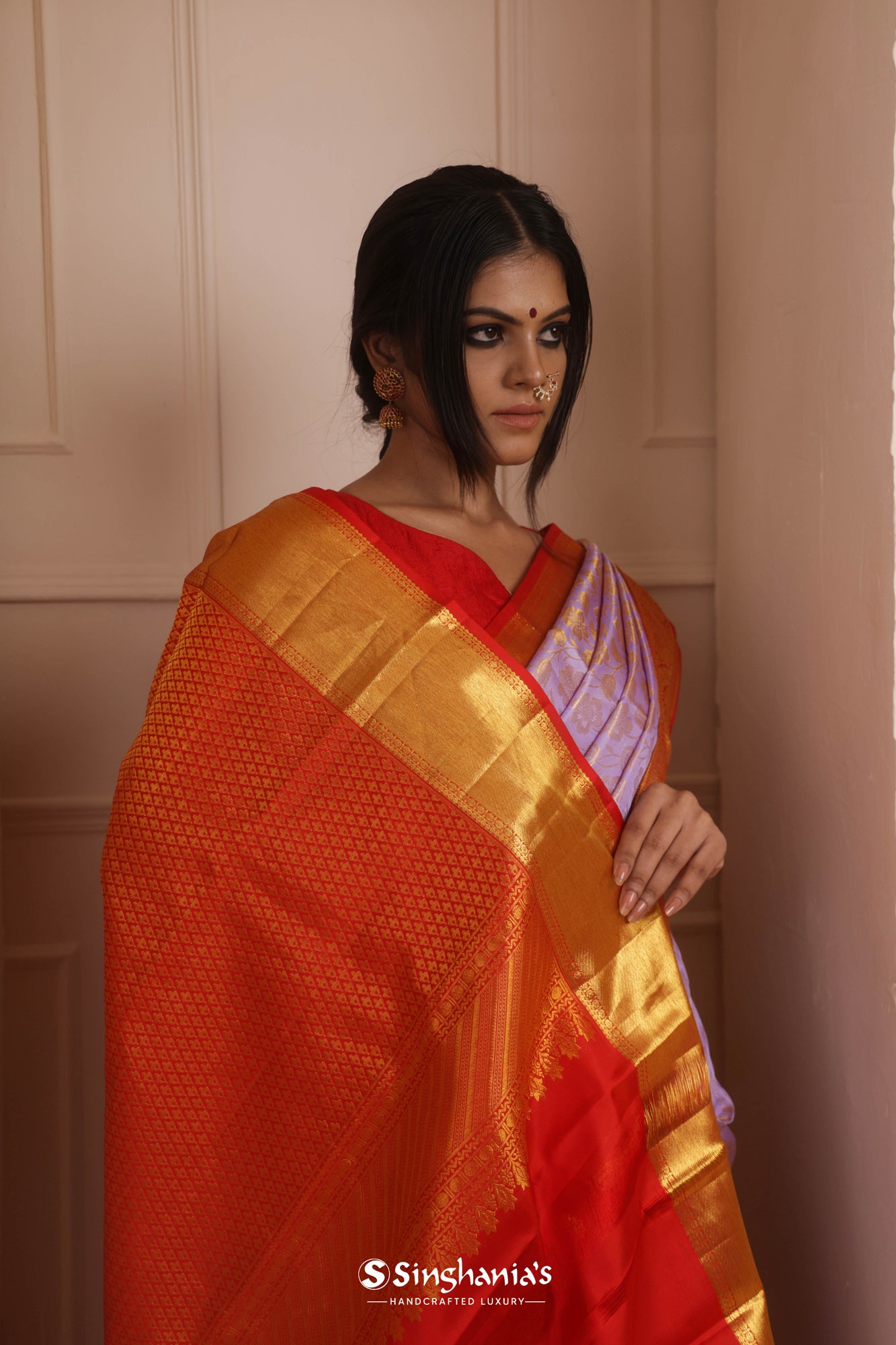 Medium Purple Kanjivaram Silk Saree With Floral Jaal Weaving