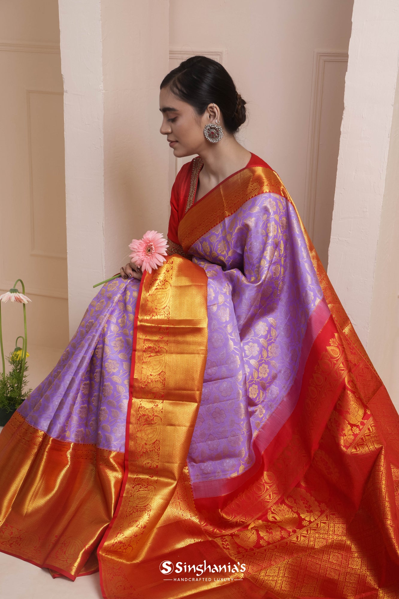 Periwinkle Purple Floral Jaal Kanjivaram Silk Saree