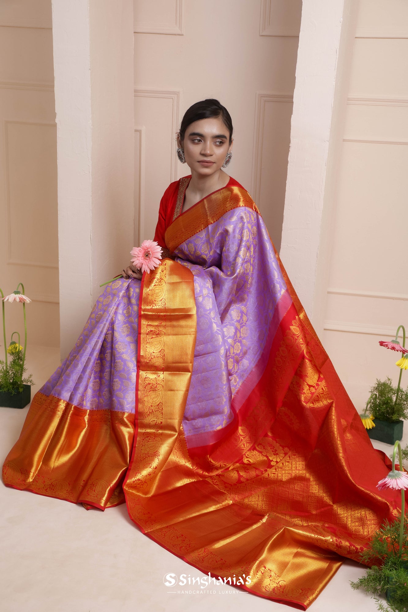 Periwinkle Purple Floral Jaal Kanjivaram Silk Saree