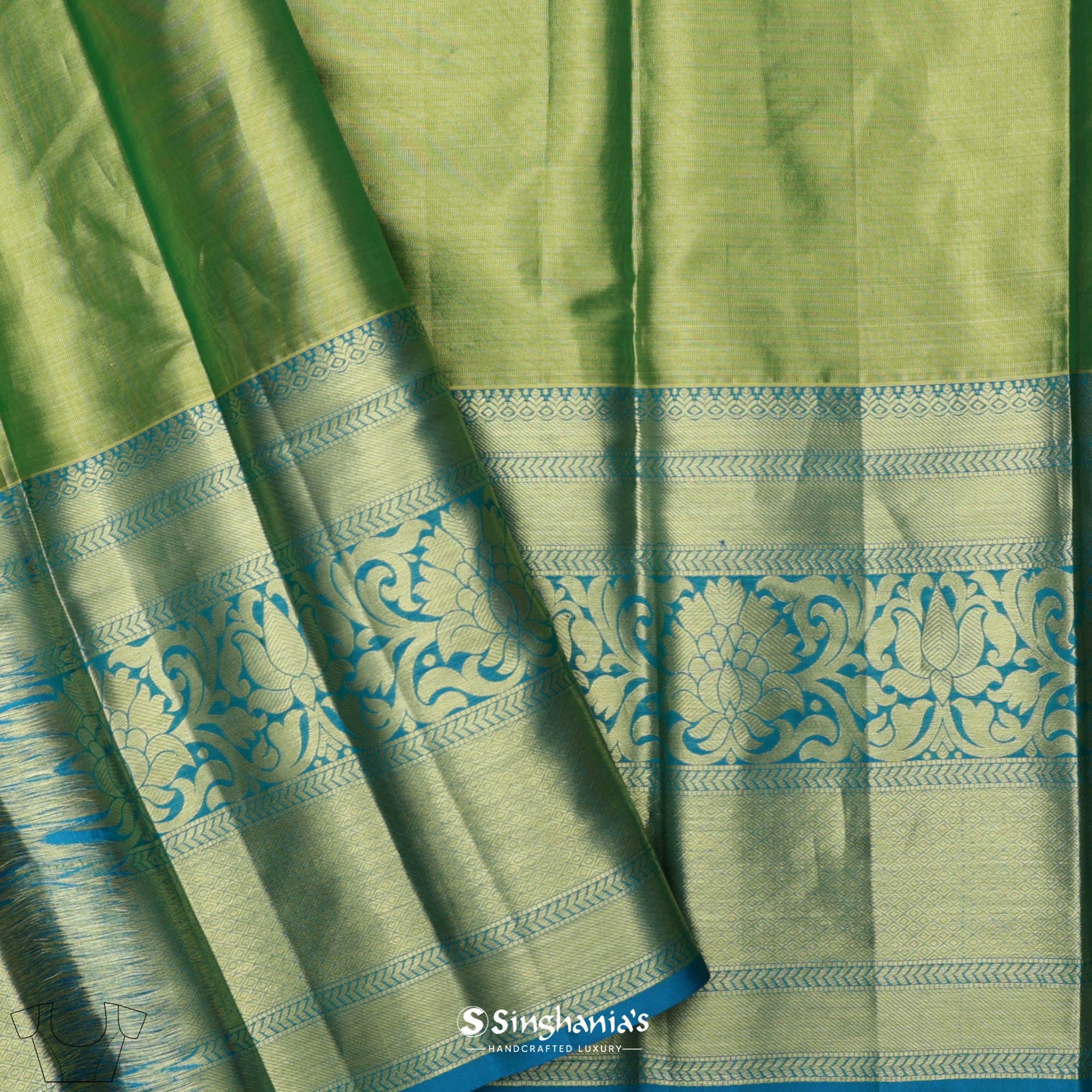 Pastel Olive Green Kanjivaram Silk Saree With Floral Design