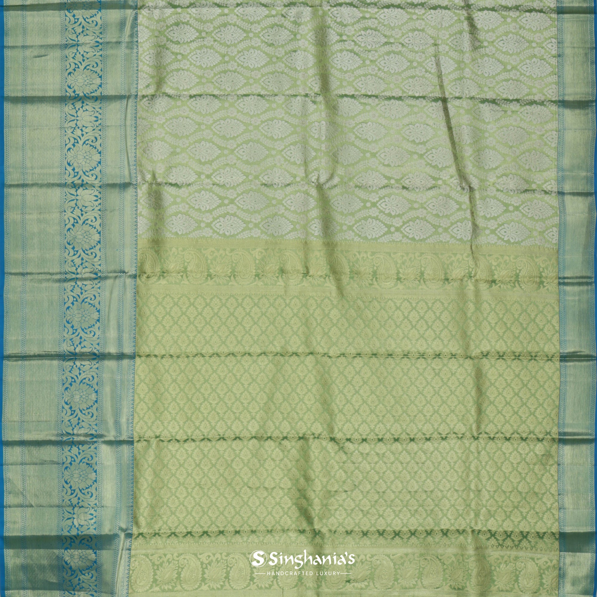 Pastel Olive Green Kanjivaram Silk Saree With Floral Design