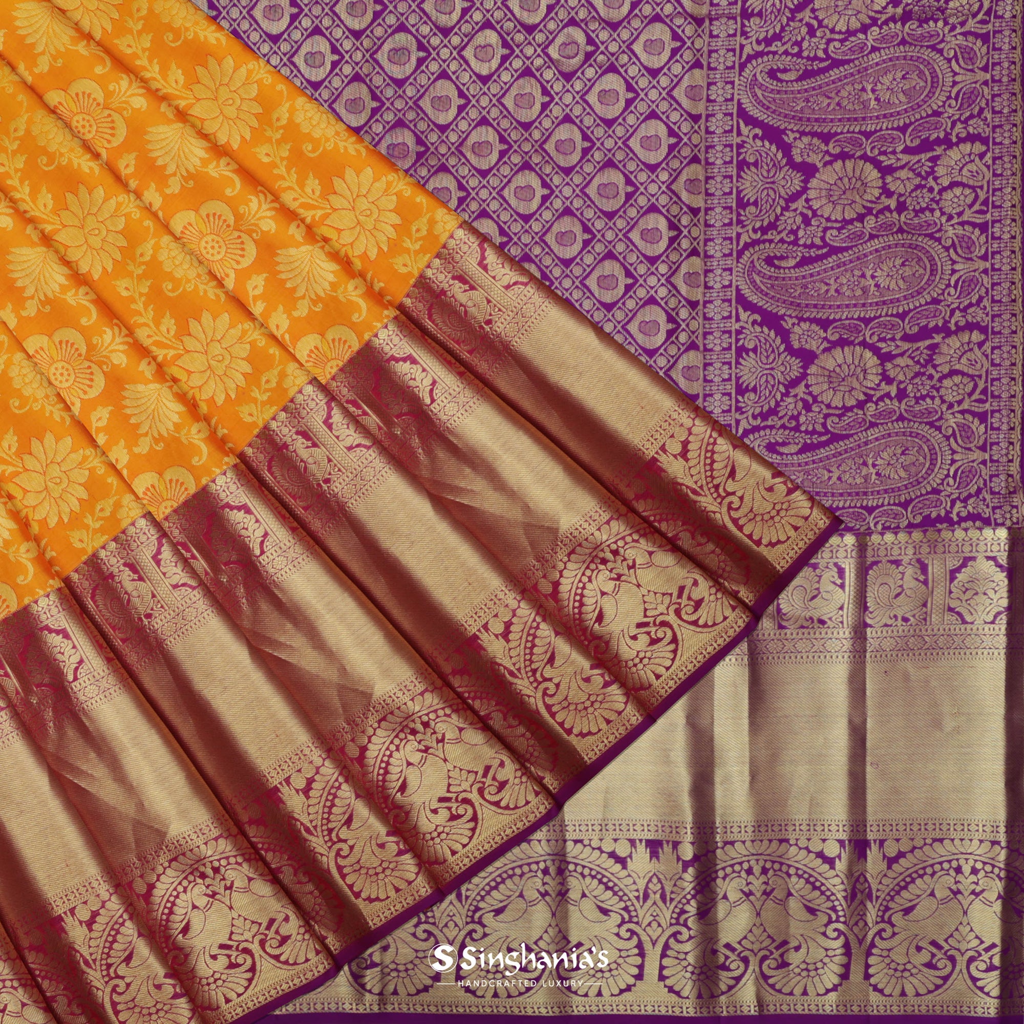 Orange Yellow Kanjivaram Silk Saree With Floral Jaal Design