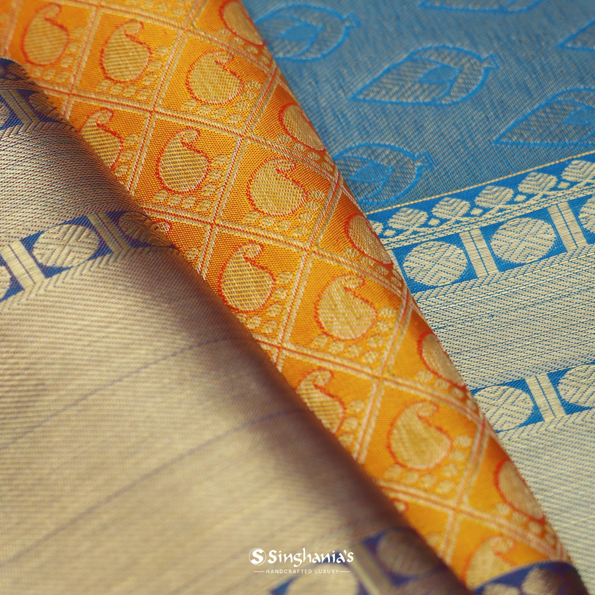 Orange Yellow Kanjivaram Saree With Floral Jaal Weaving