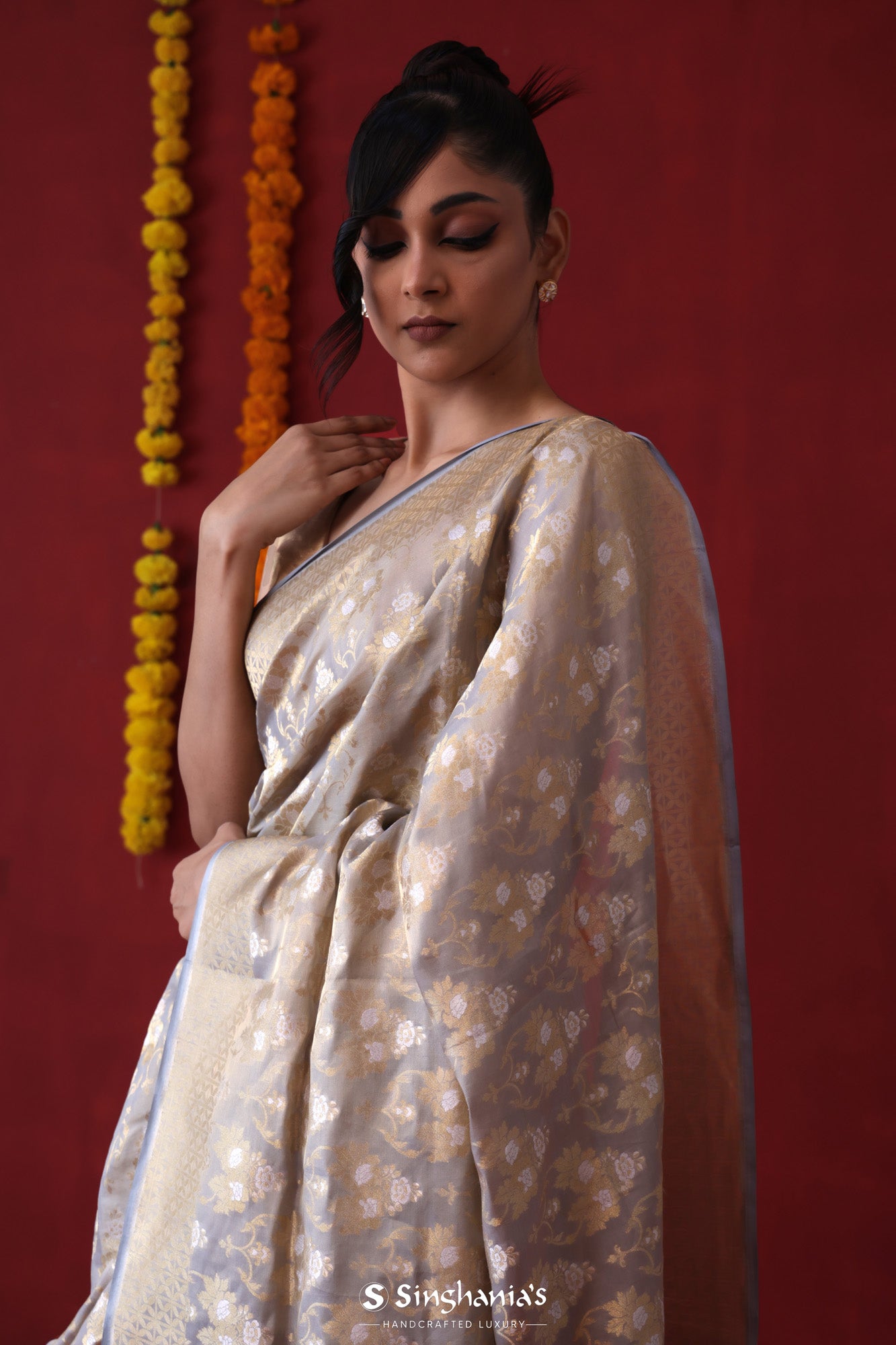 Solid Grey Tissue Banarasi Saree With Floral Jaal Weaving