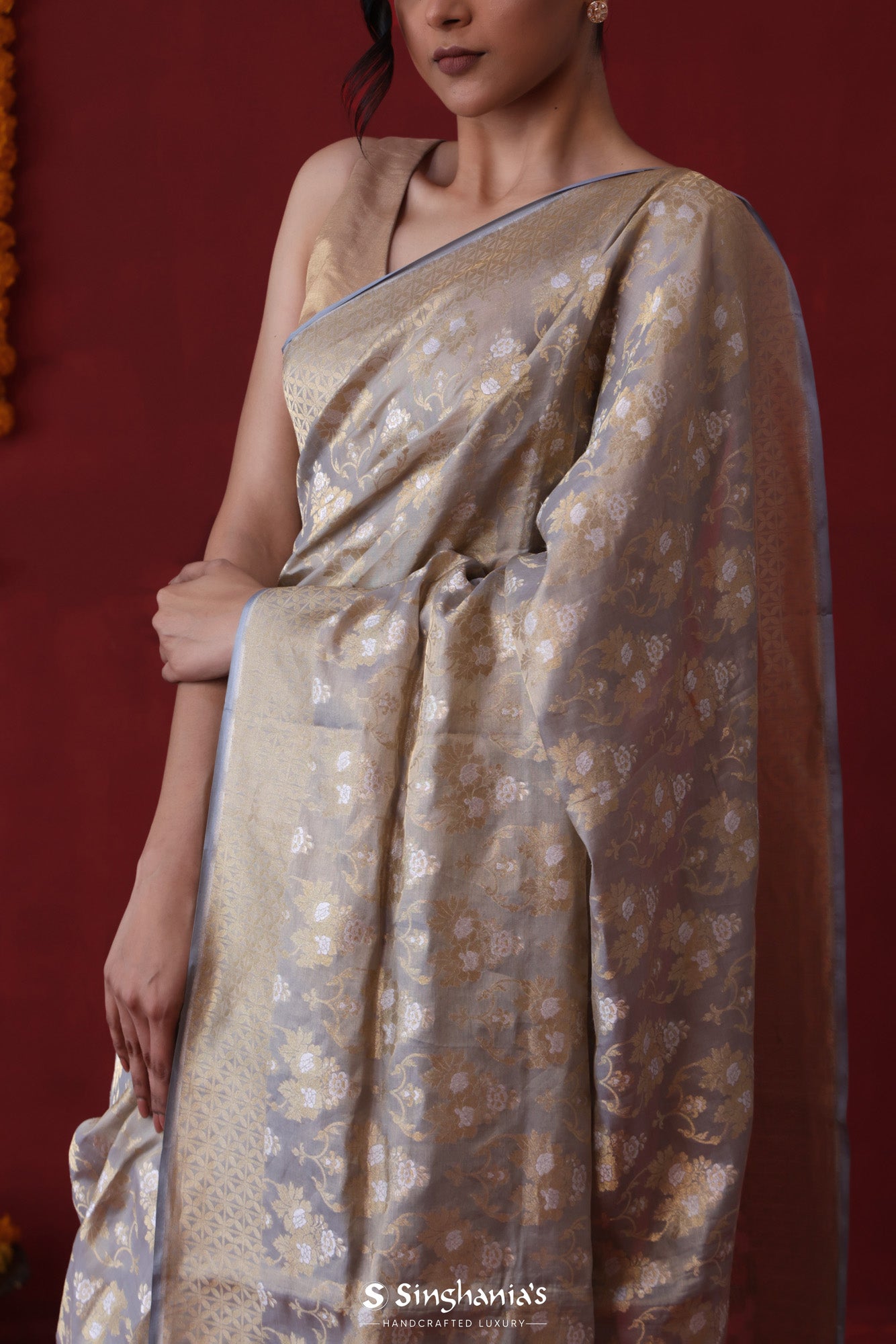 Solid Grey Tissue Banarasi Saree With Floral Jaal Weaving