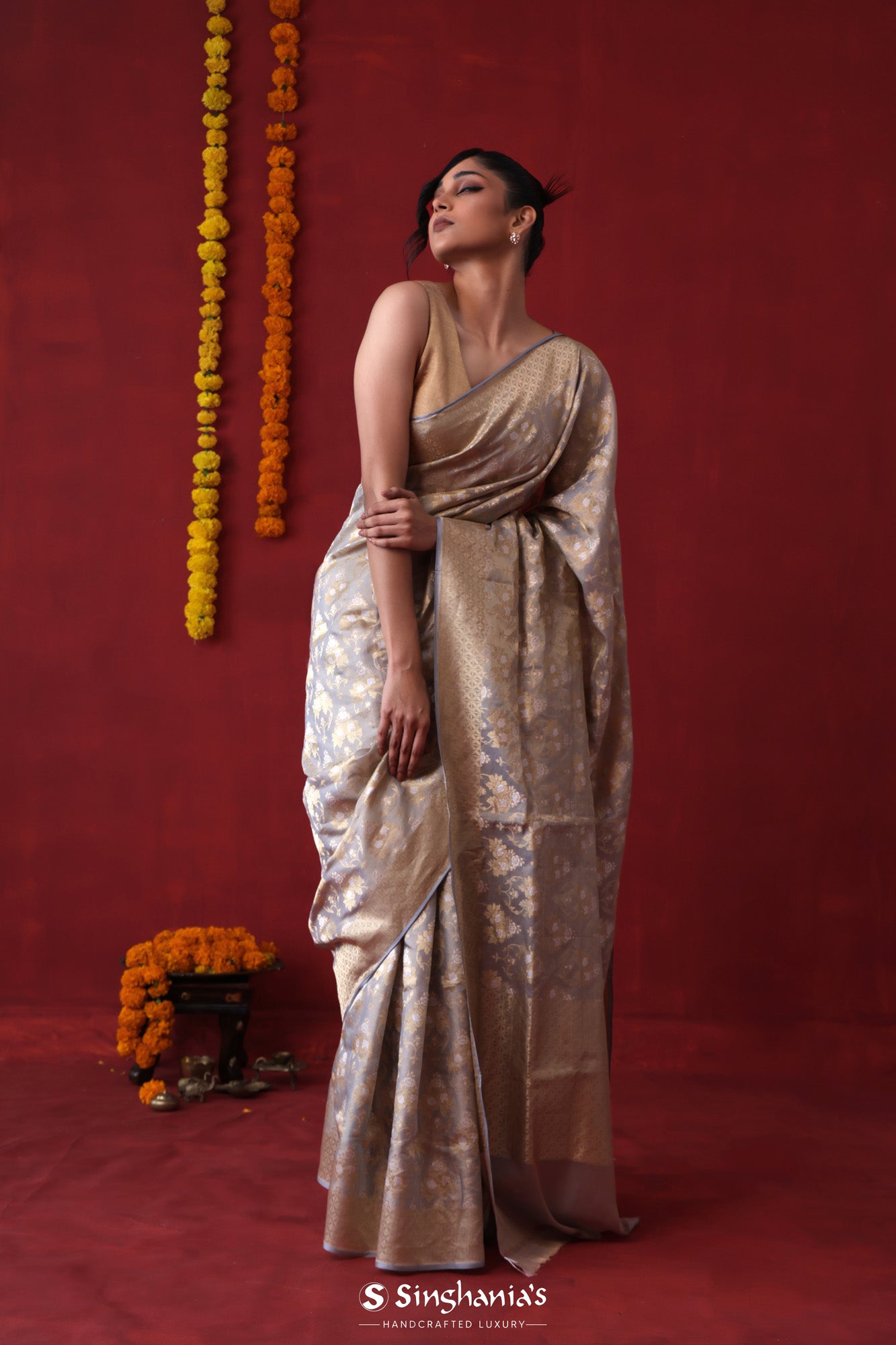 Solid Grey Tissue Banarasi Saree With Floral Jaal Weaving