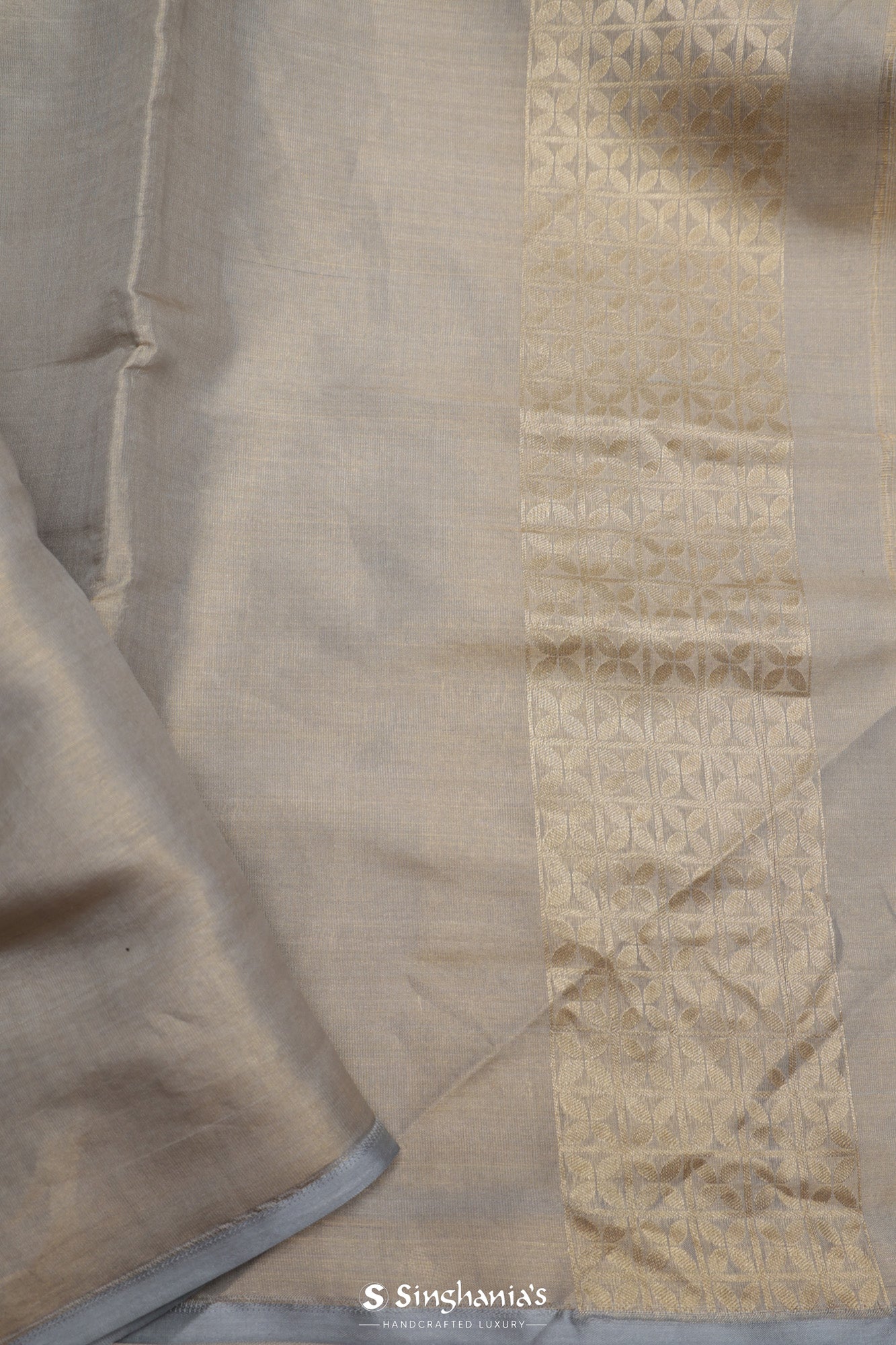 Solid Grey Tissue Banarasi Saree With Floral Jaal Weaving