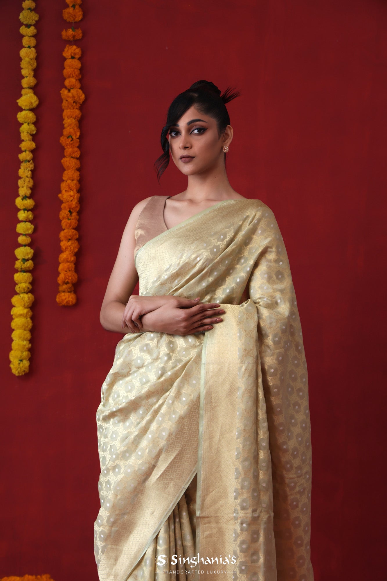 Gin Green Tissue Banarasi Saree With Floral Ogival Weaving