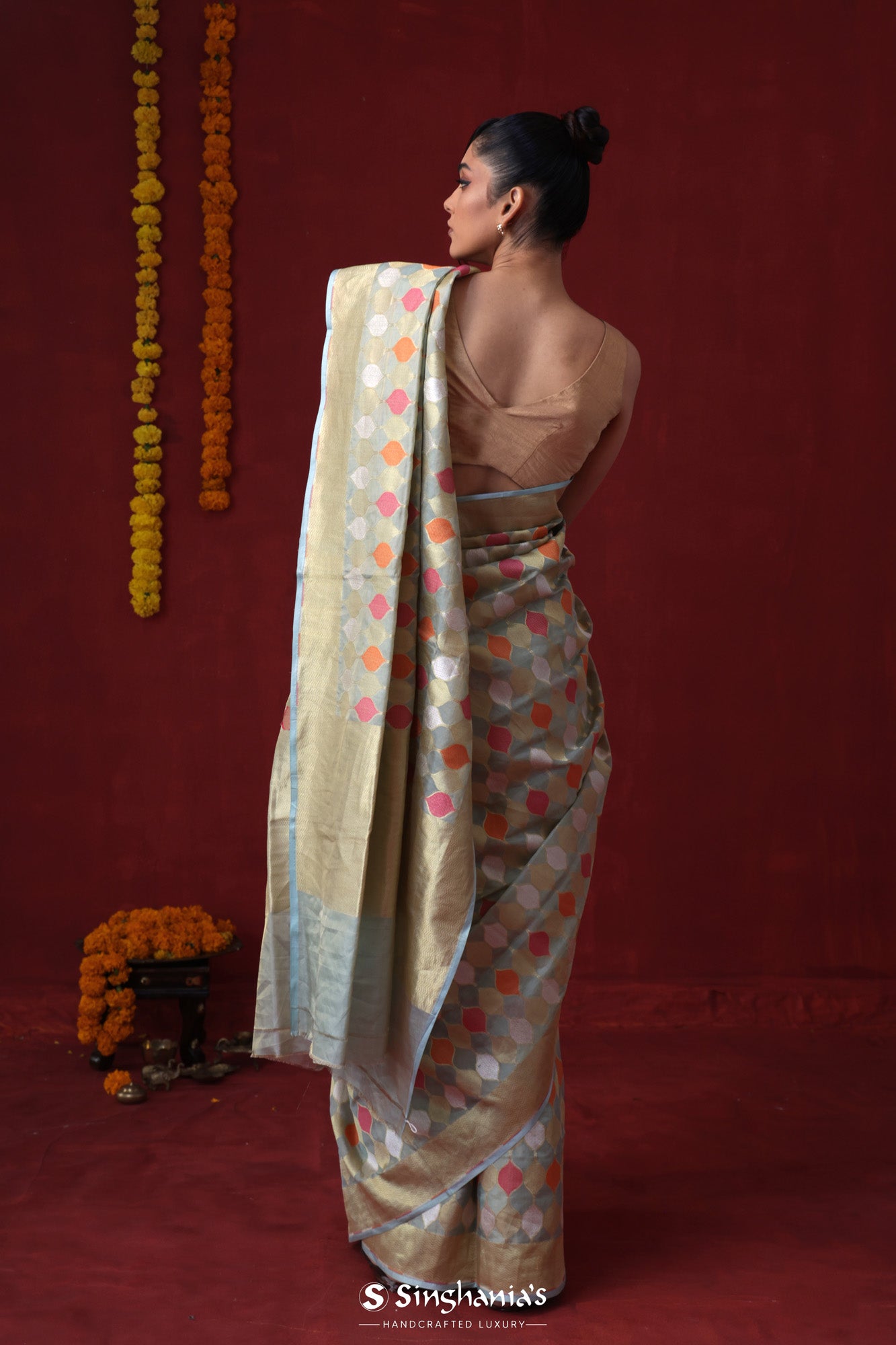 Stone Blue Tissue Banarasi Saree With Geometrical Pattern