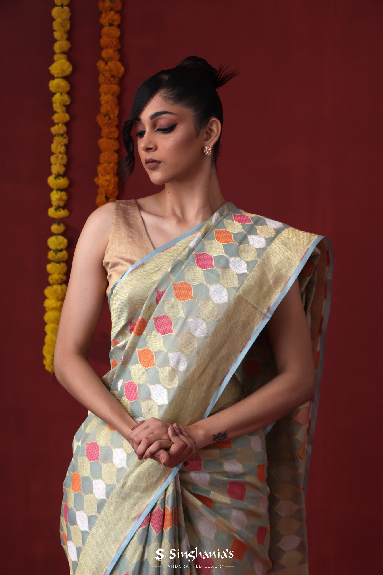 Stone Blue Tissue Banarasi Saree With Geometrical Pattern