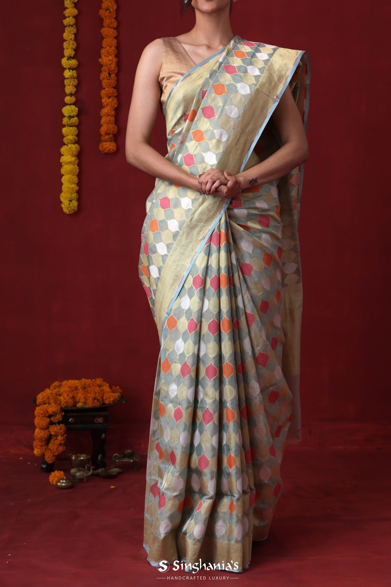 Stone Blue Tissue Banarasi Saree With Geometrical Pattern