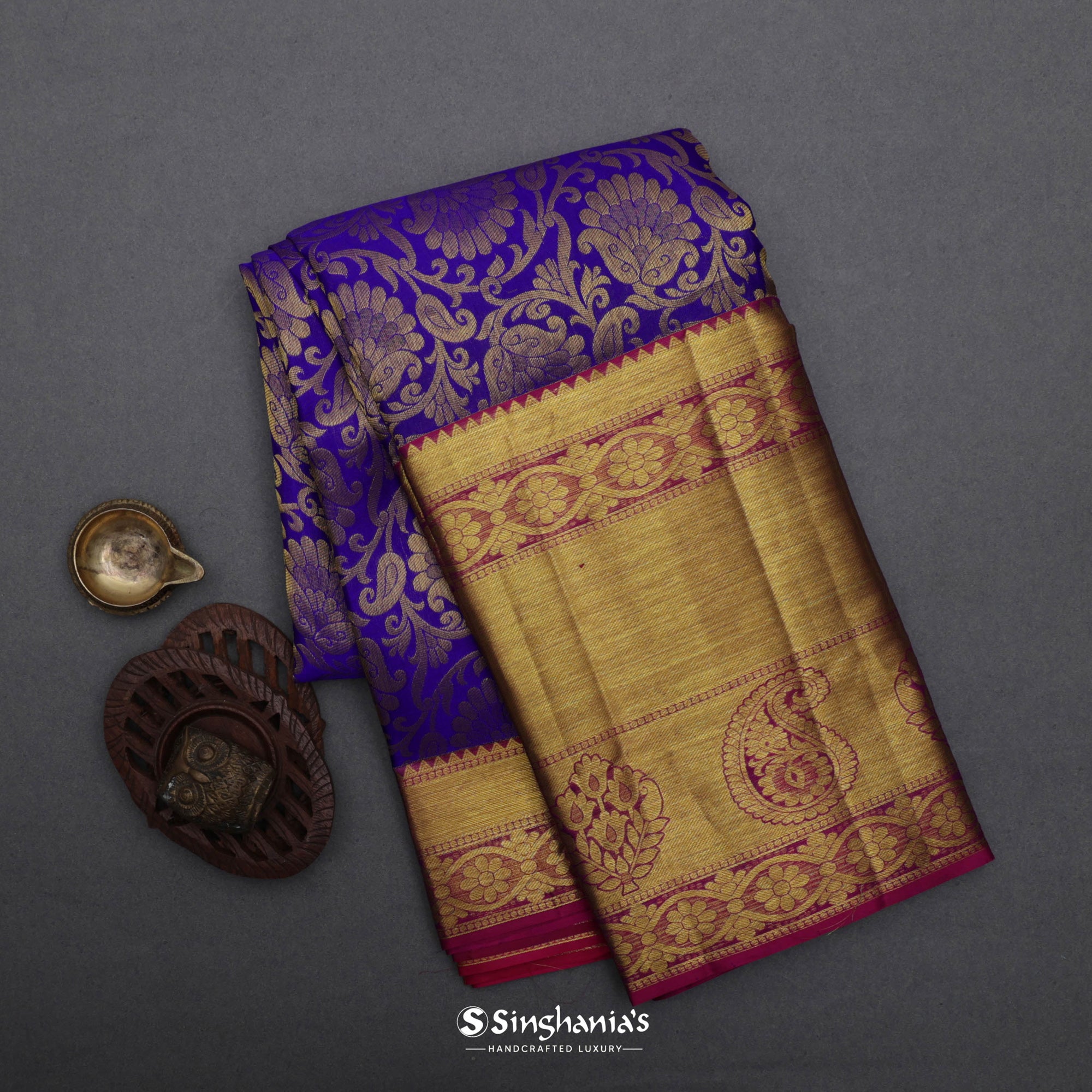 Indigo Purple Kanjivaram Silk Saree With Floral Jaal Design