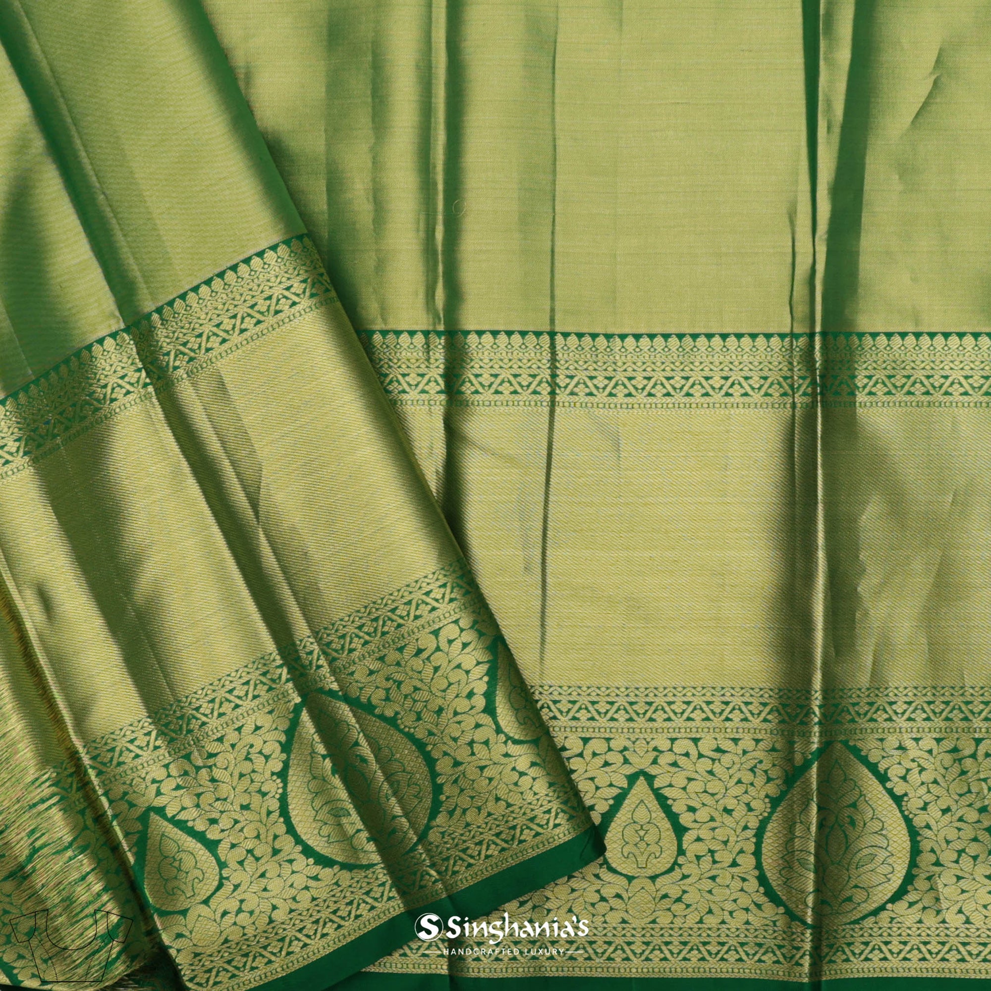 Russian Green Kanjivaram Silk Saree With Floral And Bird Weaving