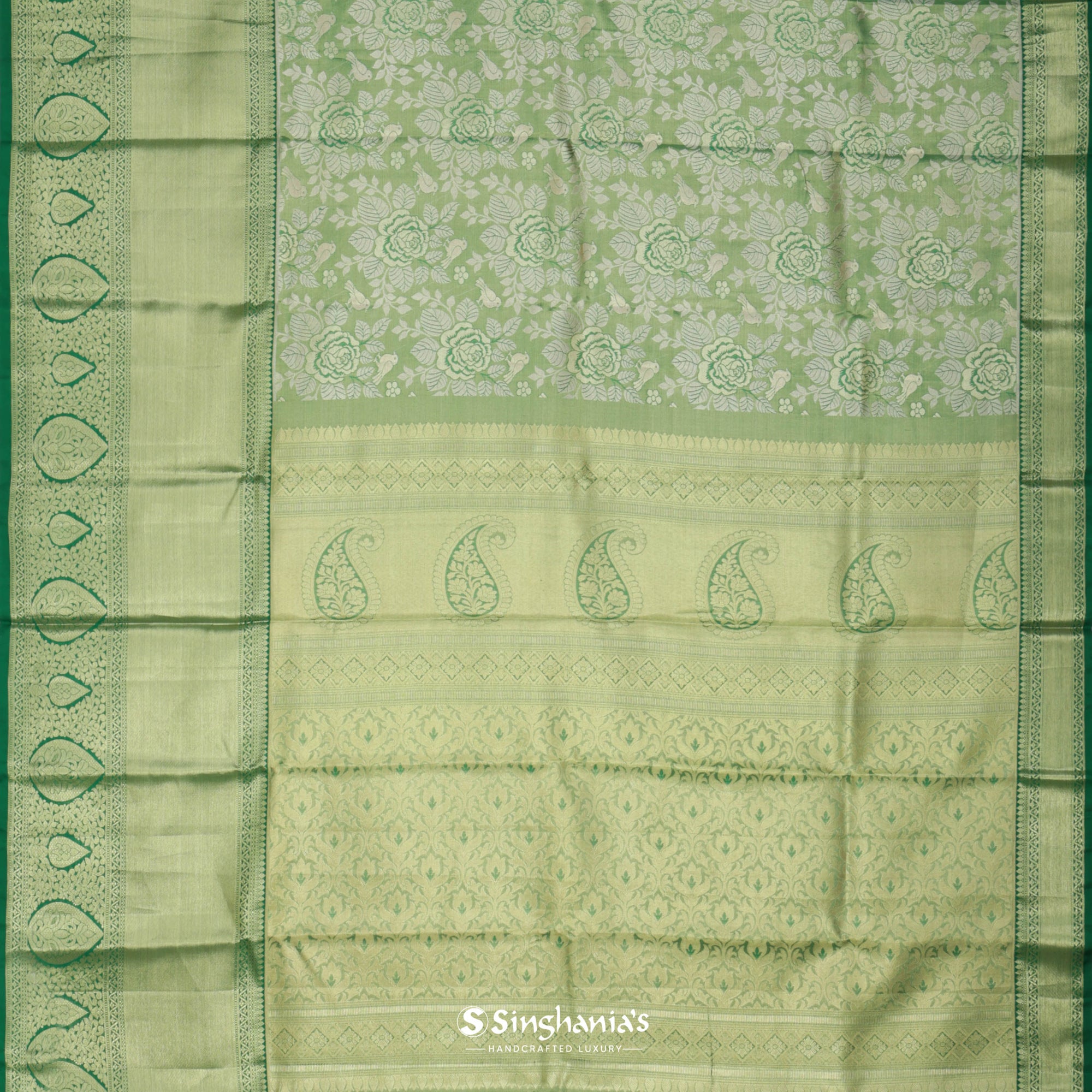 Russian Green Kanjivaram Silk Saree With Floral And Bird Weaving