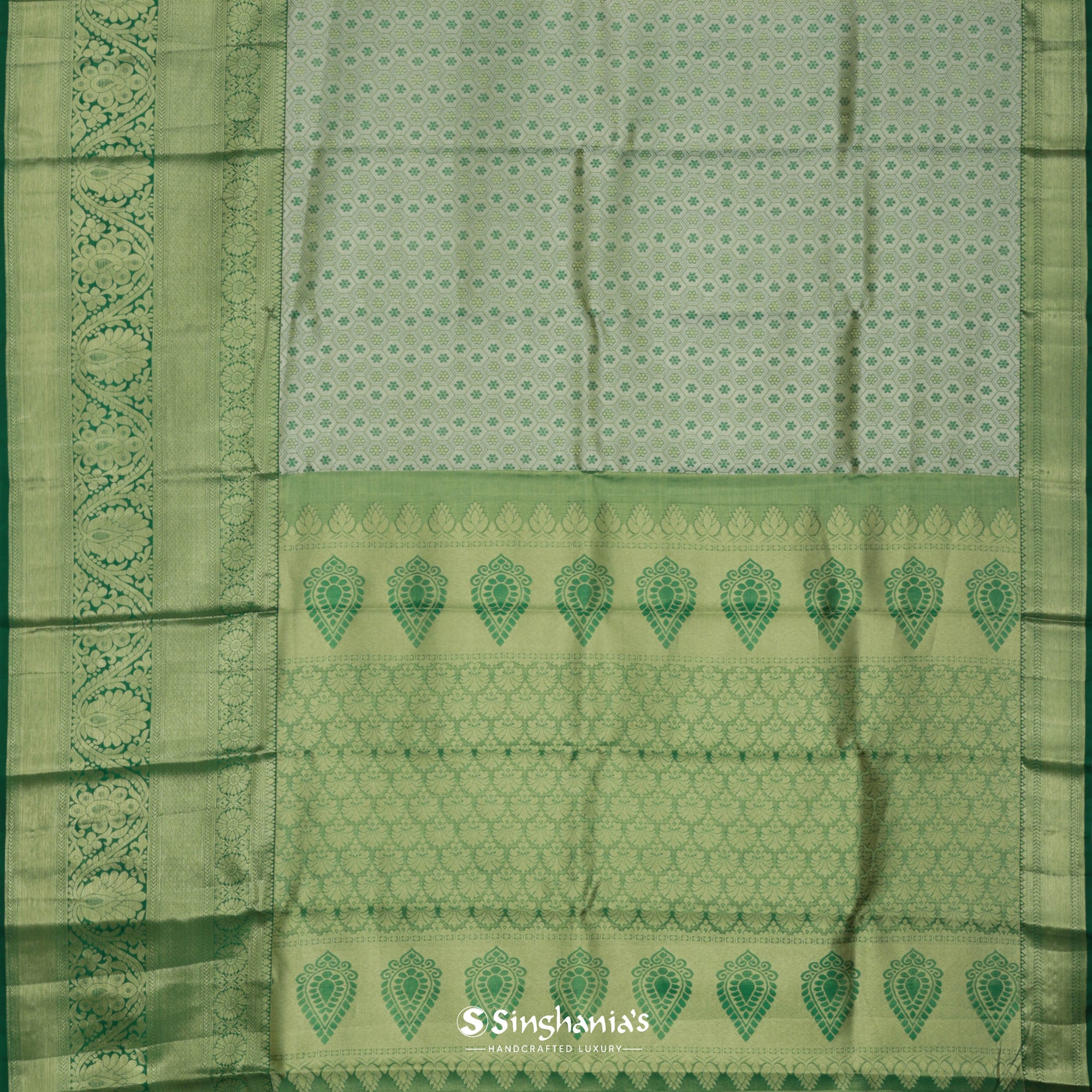 Gin Green Kanjivaram Silk Saree With Floral Buttis Design