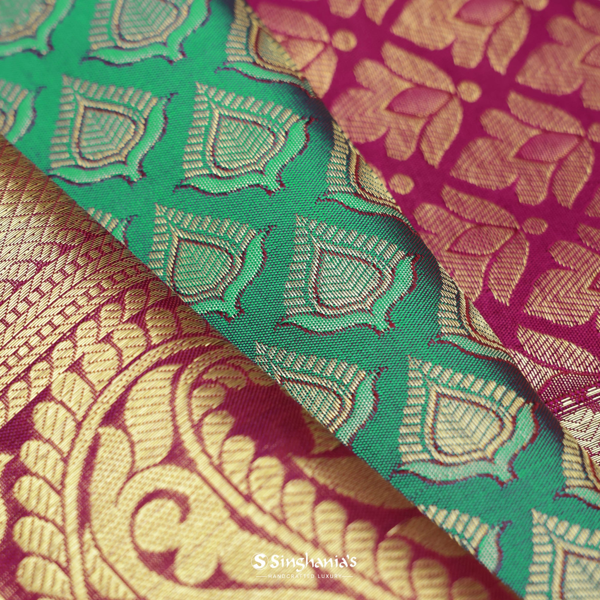 Jungle Green Kanjivaram Silk Saree With Floral Buttis Weaving