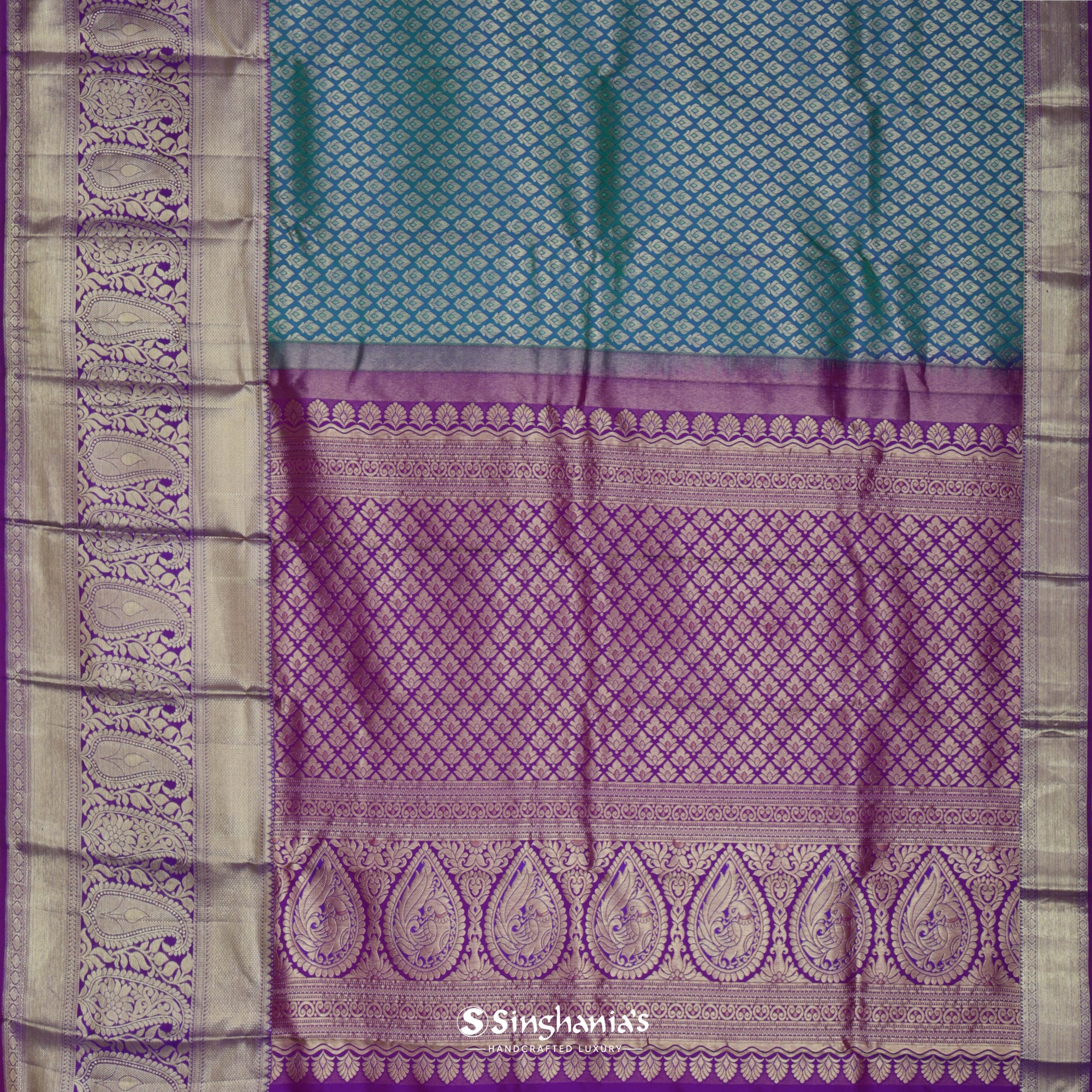 Turkish Blue Kanjivaram Silk Saree With Floral Buttas Design