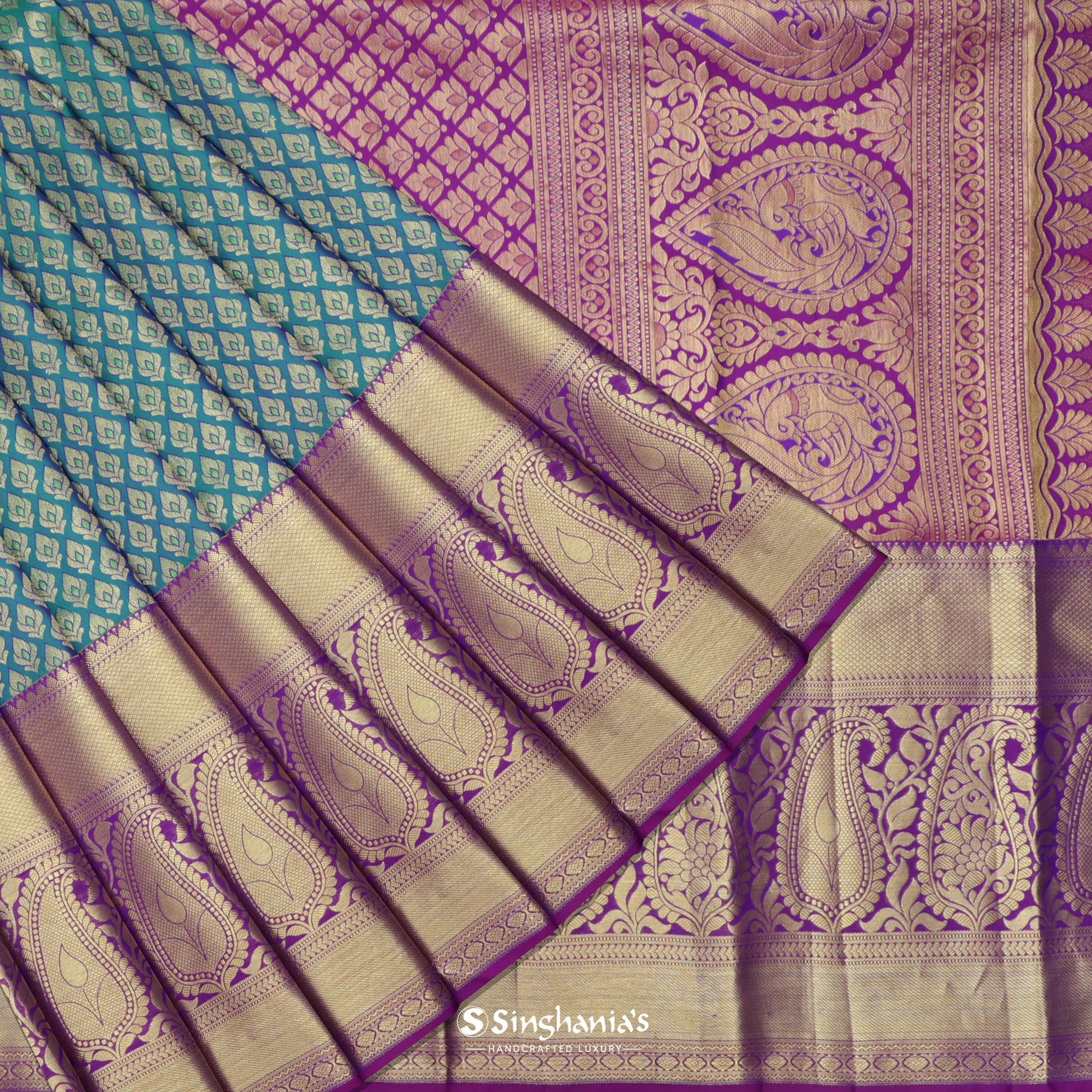 Turkish Blue Kanjivaram Silk Saree With Floral Buttas Design