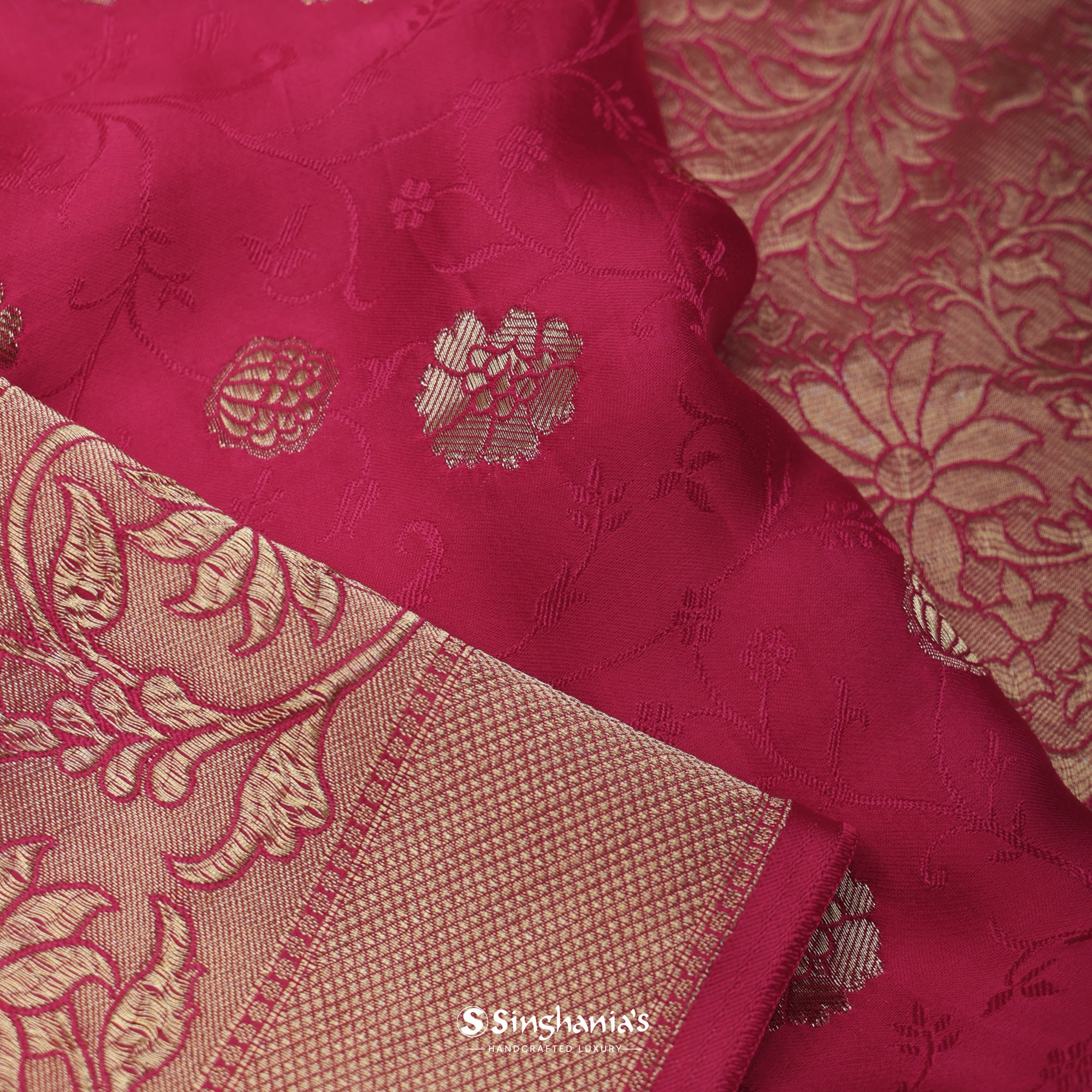 Ruby Red Banarasi Satin Saree With Floral Weaving