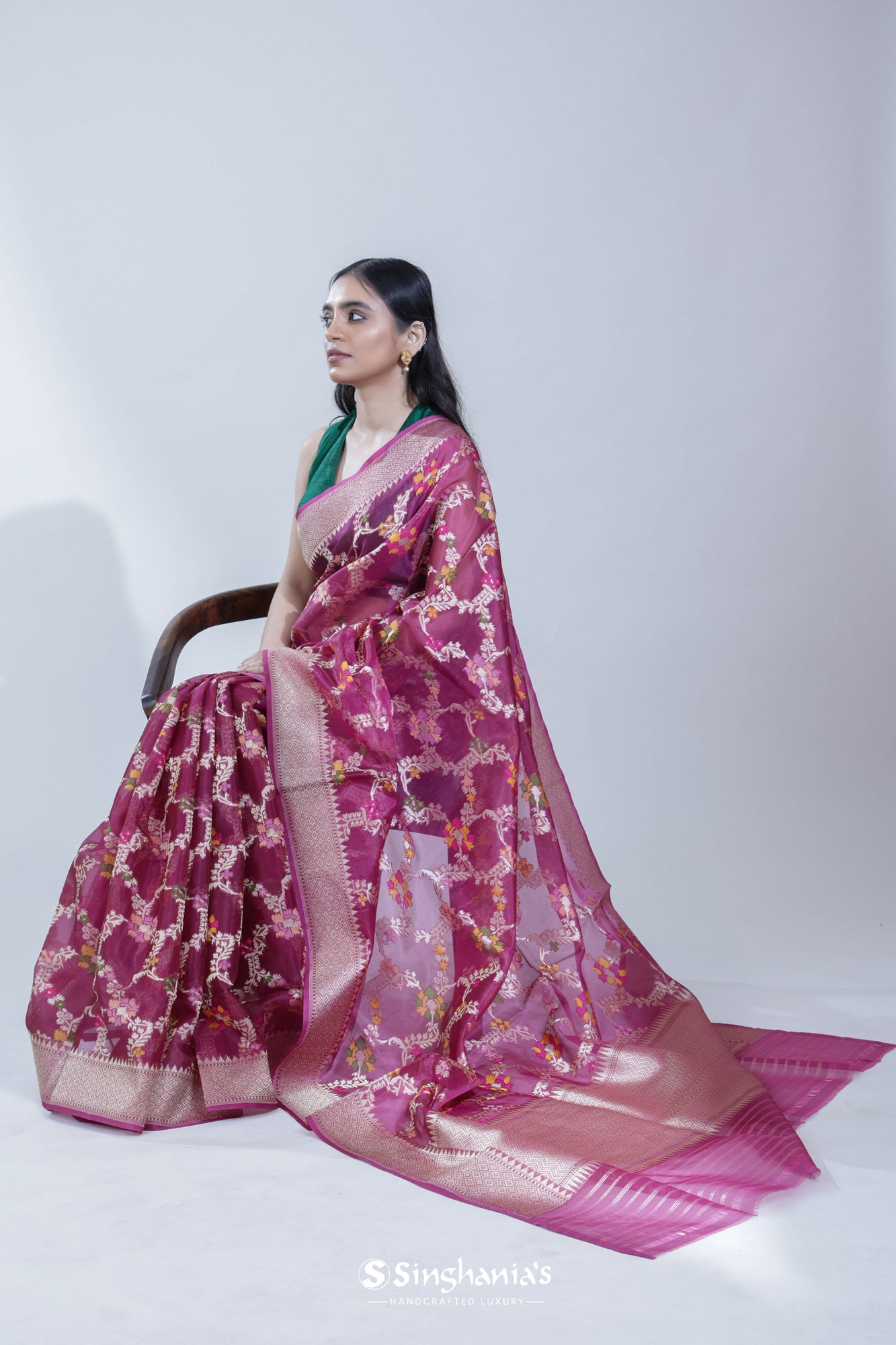 Maroon Pink Organza Banarasi Saree With Floral Jaal Weaving