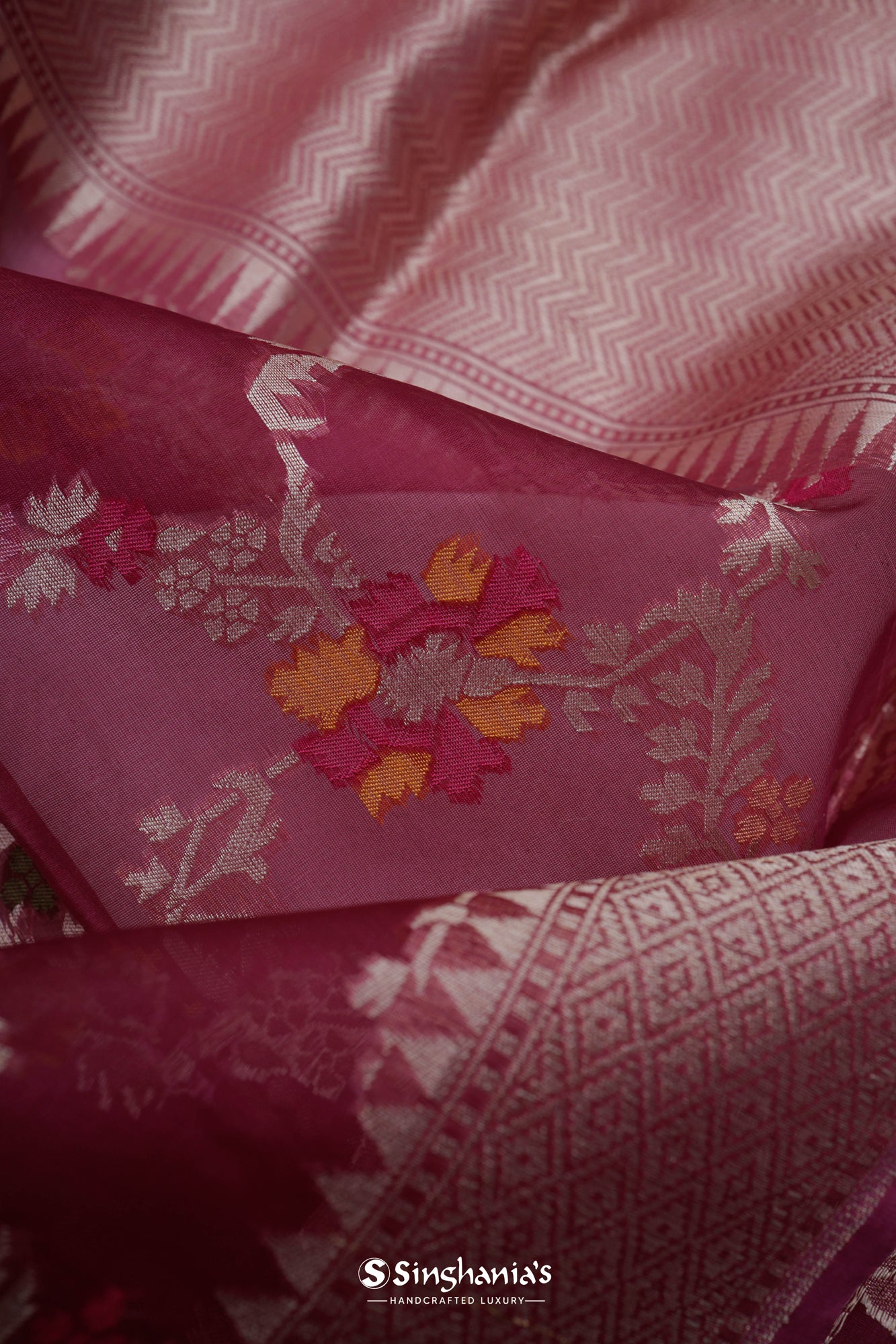 Maroon Pink Organza Banarasi Saree With Floral Jaal Weaving