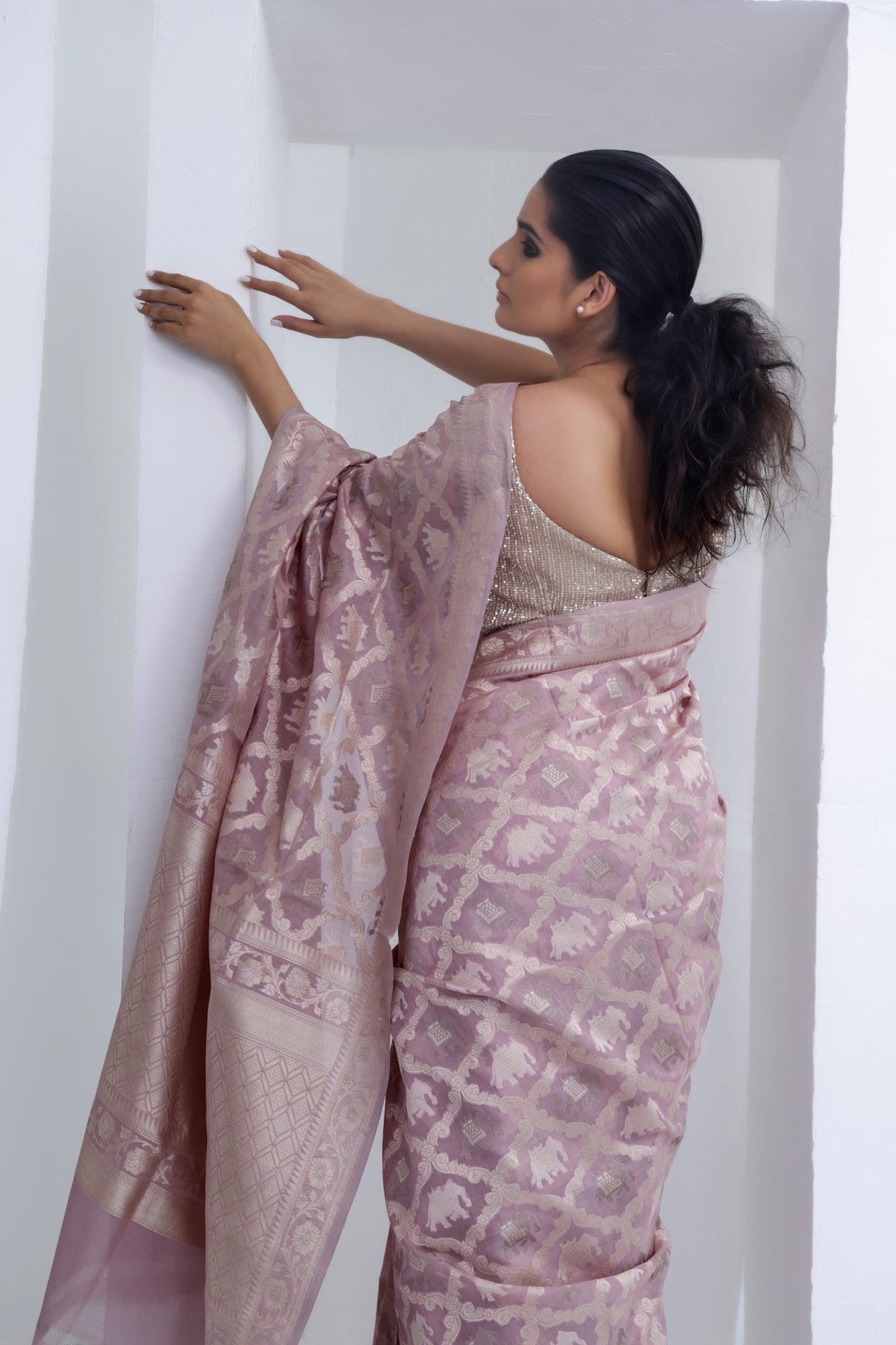 Heather Purple Organza Banarasi Saree With Elephant Weaving