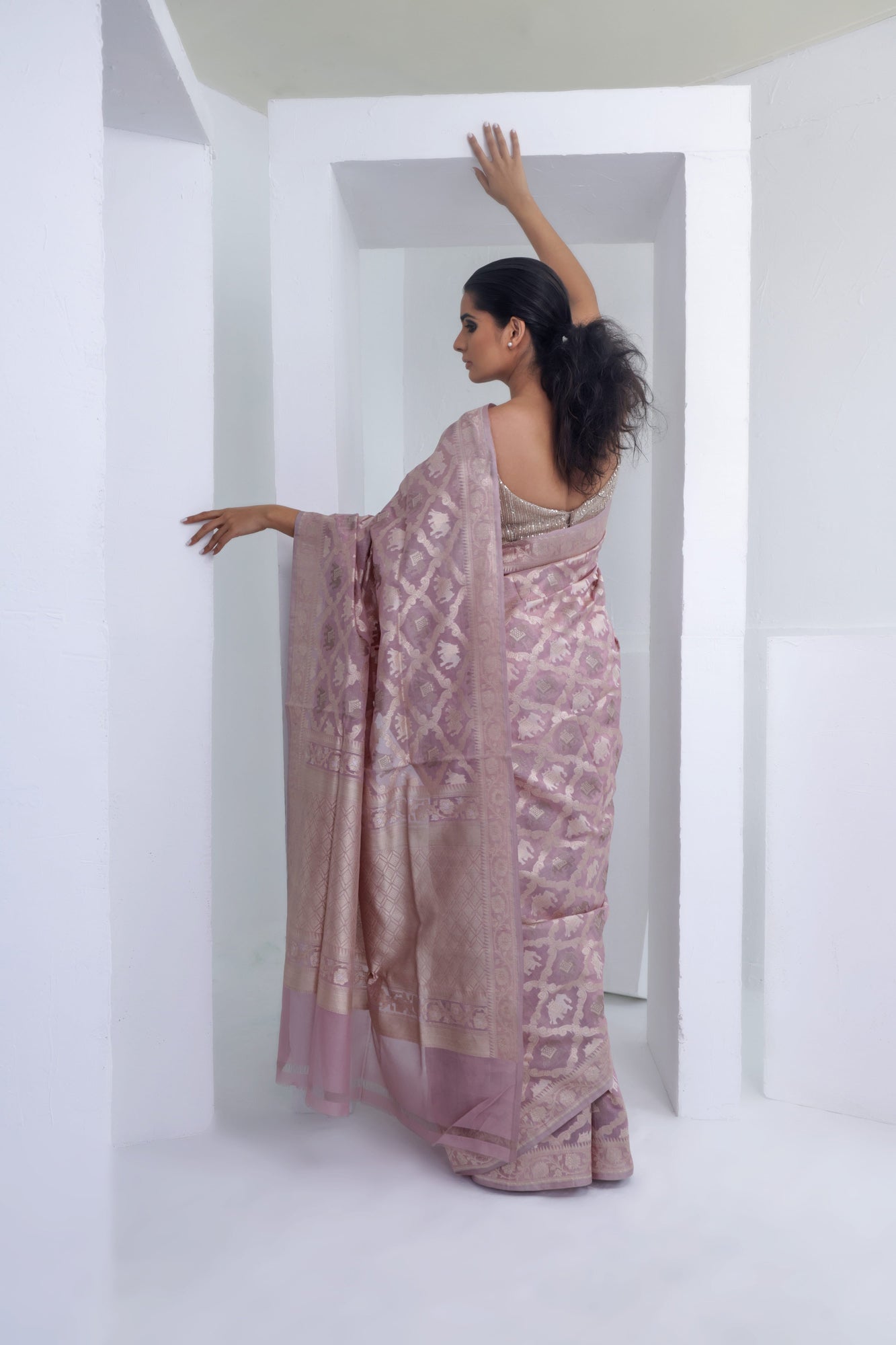 Heather Purple Organza Banarasi Saree With Elephant Weaving