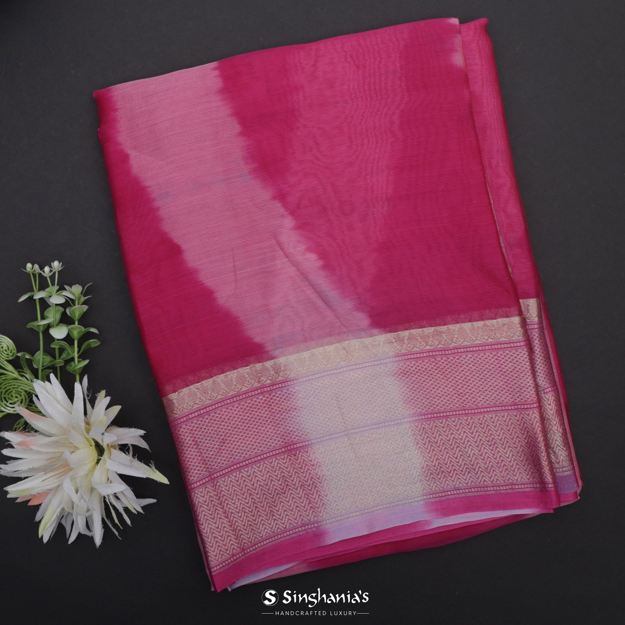 Pink Dual-Shade Printed Maheshwari Saree With Leheriya Design