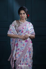 Cream White Printed Organza Saree With Embroidered Border