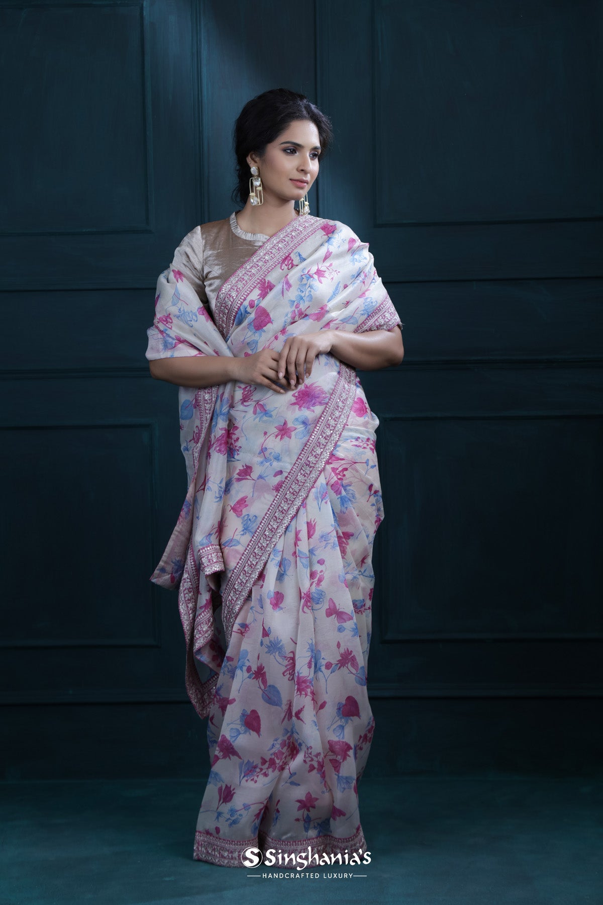 Cream White Printed Organza Saree With Embroidered Border