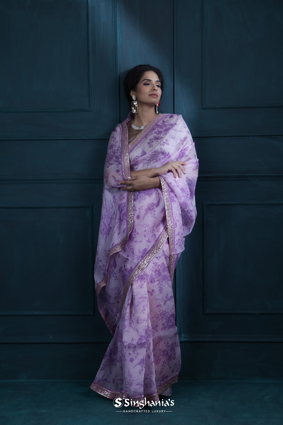 Pastel Lavender Printed Organza Saree With Embroidered Border