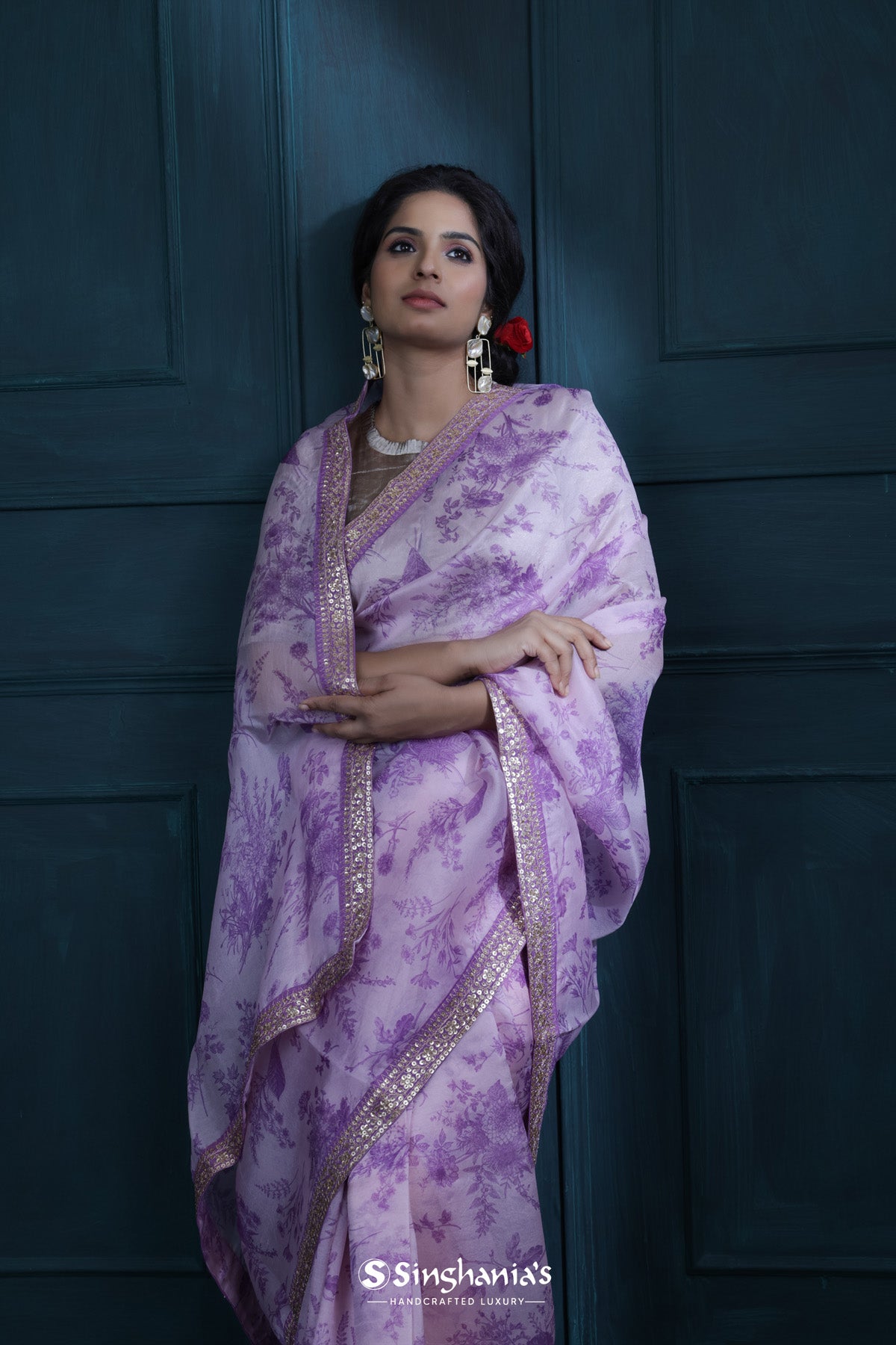 Pastel Lavender Printed Organza Saree With Embroidered Border